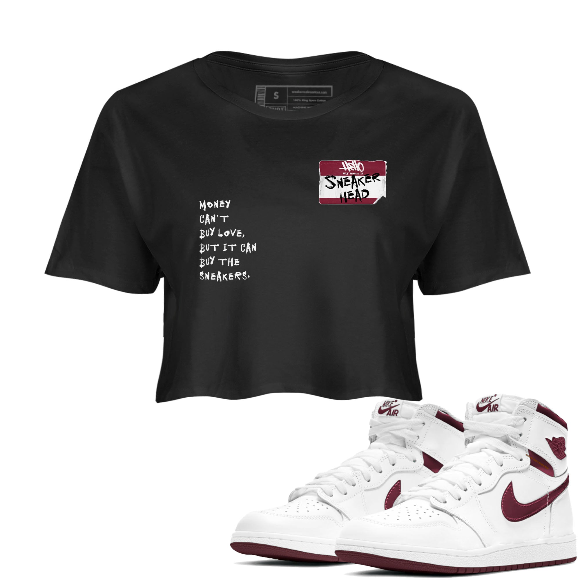 1s Metallic Burgundy shirt to match jordans streetwear brand Sneakerhead Badge sneaker tees Air Jordan 1 Metallic Burgundy Drip Gear Zone Black 1 crop length shirt
