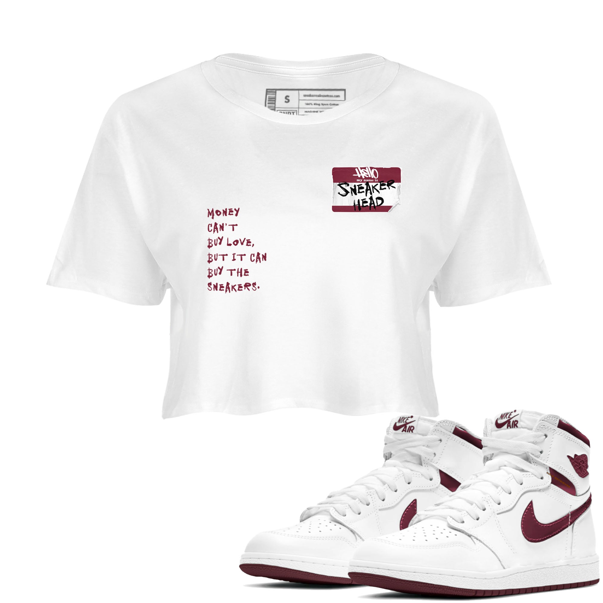 1s Metallic Burgundy shirt to match jordans streetwear brand Sneakerhead Badge sneaker tees Air Jordan 1 Metallic Burgundy Drip Gear Zone White 1 crop length shirt