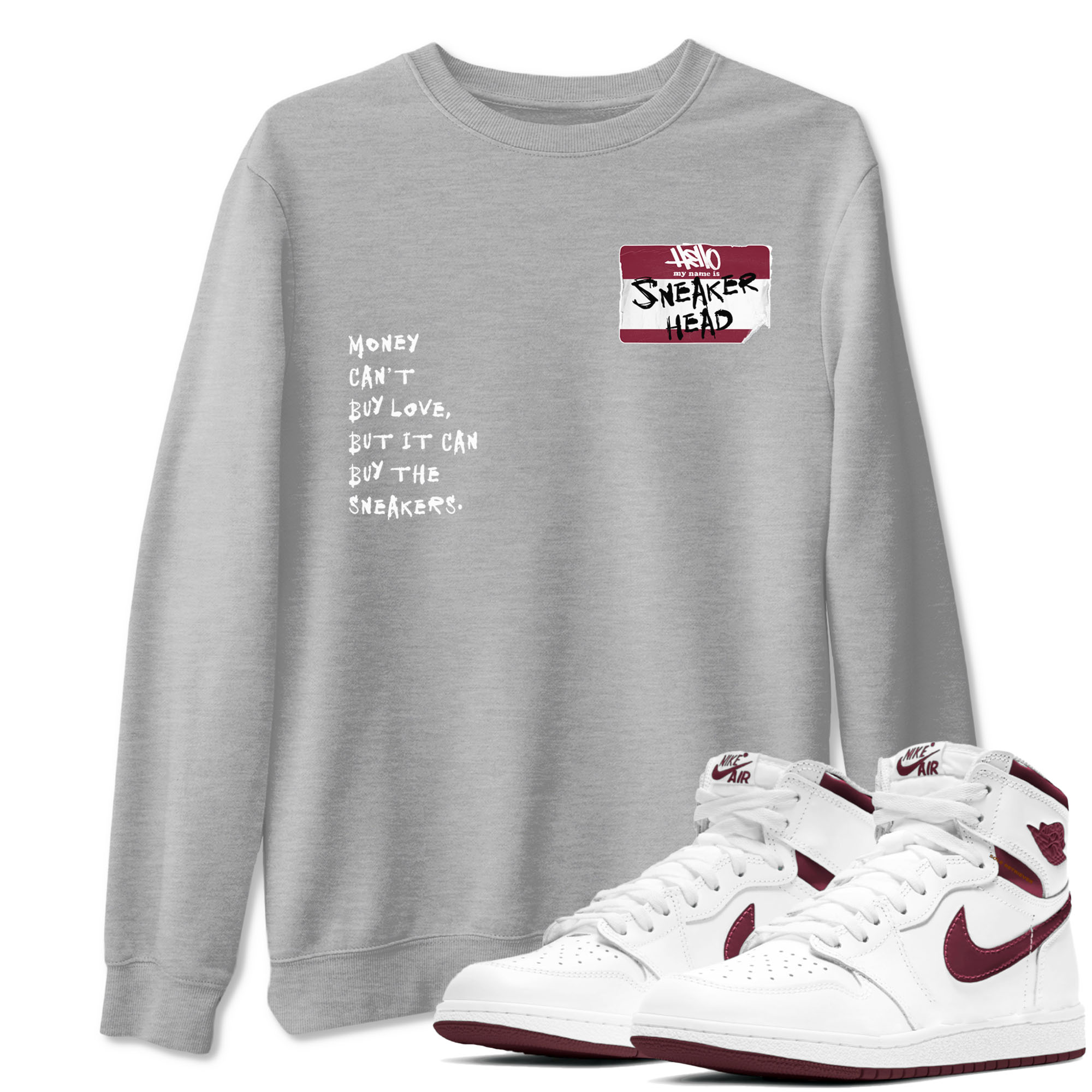 1s Metallic Burgundy shirt to match jordans streetwear brand Sneakerhead Badge sneaker tees Air Jordan 1 Metallic Burgundy Drip Gear Zone unisex cotton Heather Grey 1 crew neck shirt