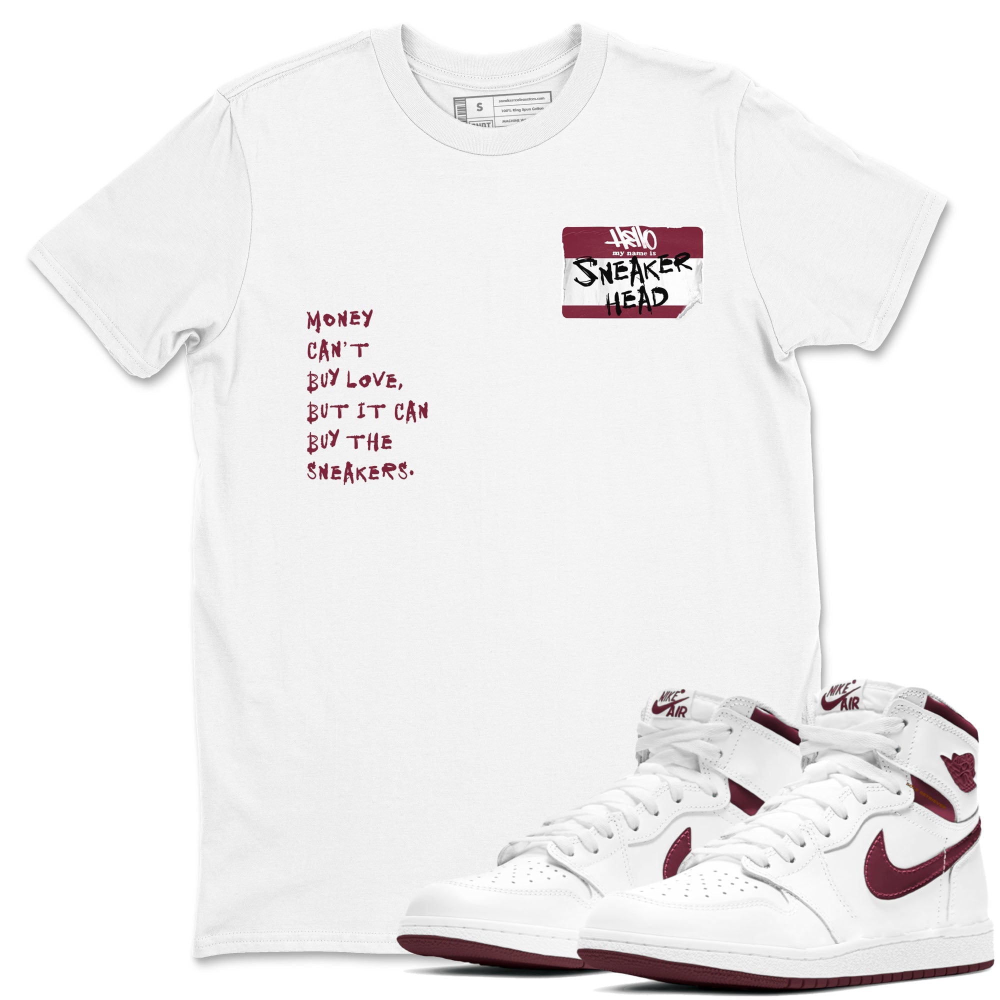 1s Metallic Burgundy shirt to match jordans streetwear brand Sneakerhead Badge sneaker tees Air Jordan 1 Metallic Burgundy Drip Gear Zone unisex cotton White 1 crew neck shirt