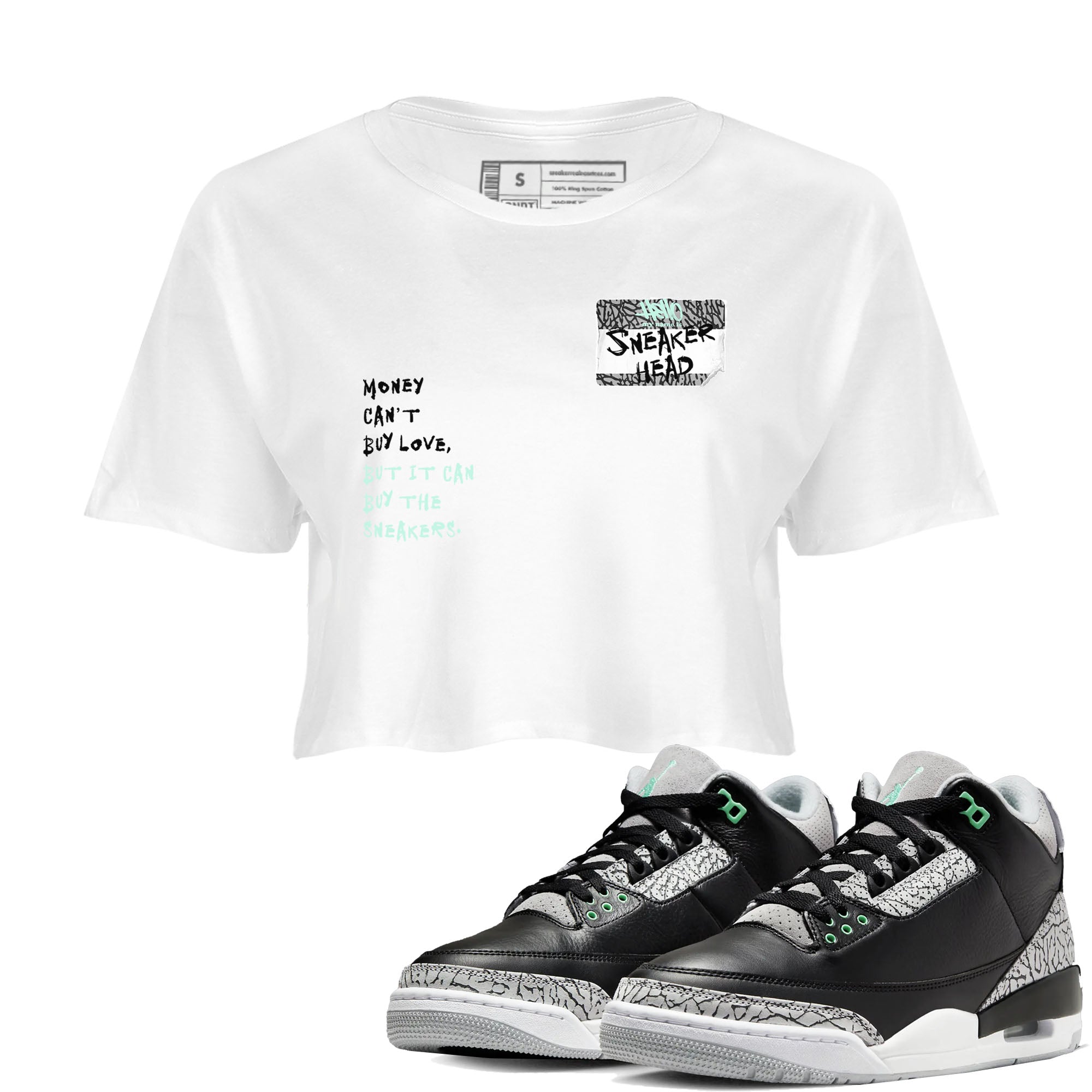 3s Green Glow shirt to match jordans Sneakerhead Badge sneaker tees Air Jordan 3 Green Glow Drip Gear Zone White 1 crop length shirt