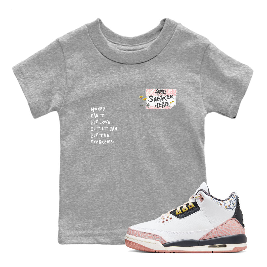 Air Jordan 3 GS Vintage Floral shirt to match jordans Sneakerhead Badge sneaker tees 3s Vintage Floral Drip Gear Zone baby toddler Heather Grey 1 cotton Shirt