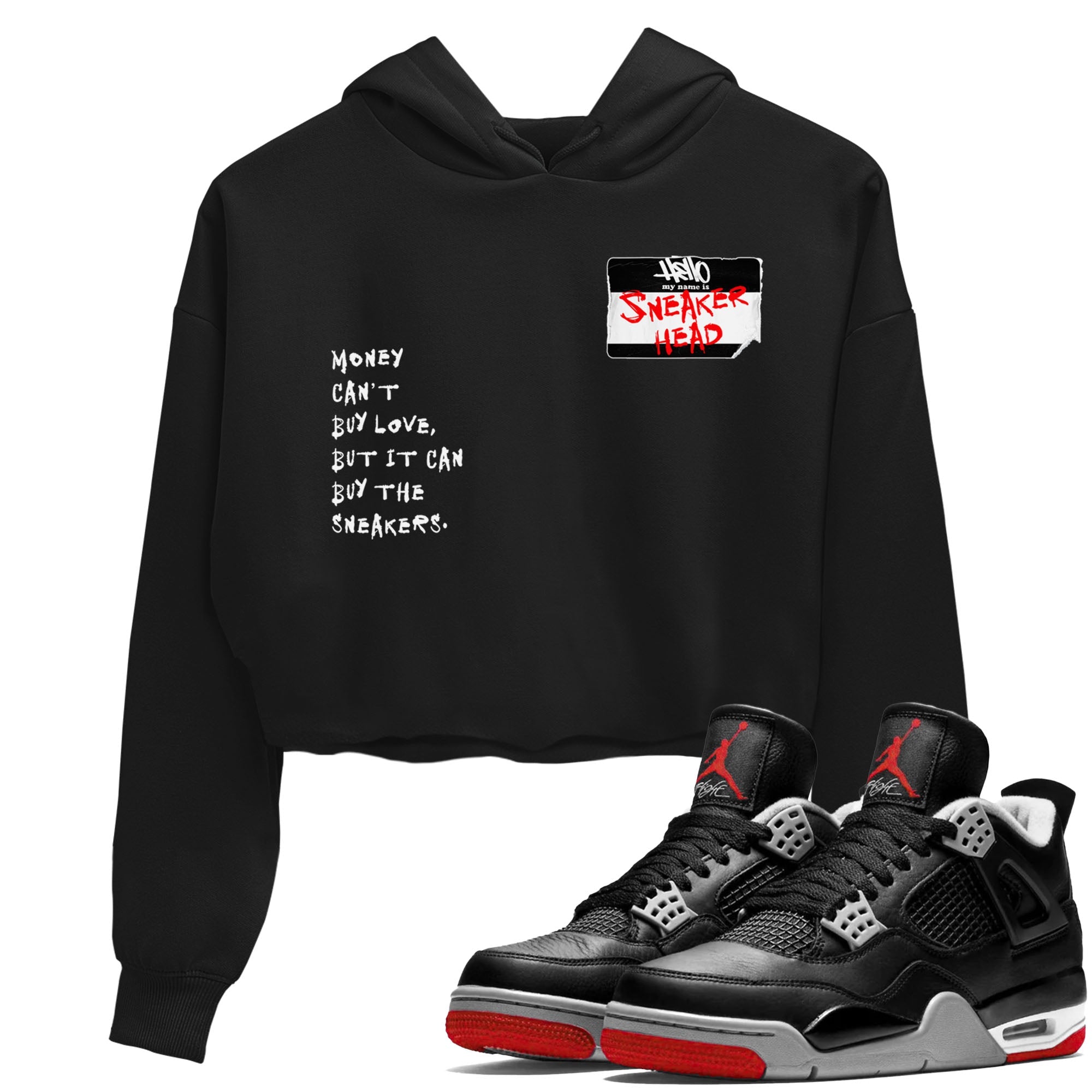 4s Bred Reimagined shirt to match jordans streetwear brand Sneakerhead Badge sneaker tees Air Jordan 4 Bred Reimagined Drip Gear Zone Black 1 crop length shirt