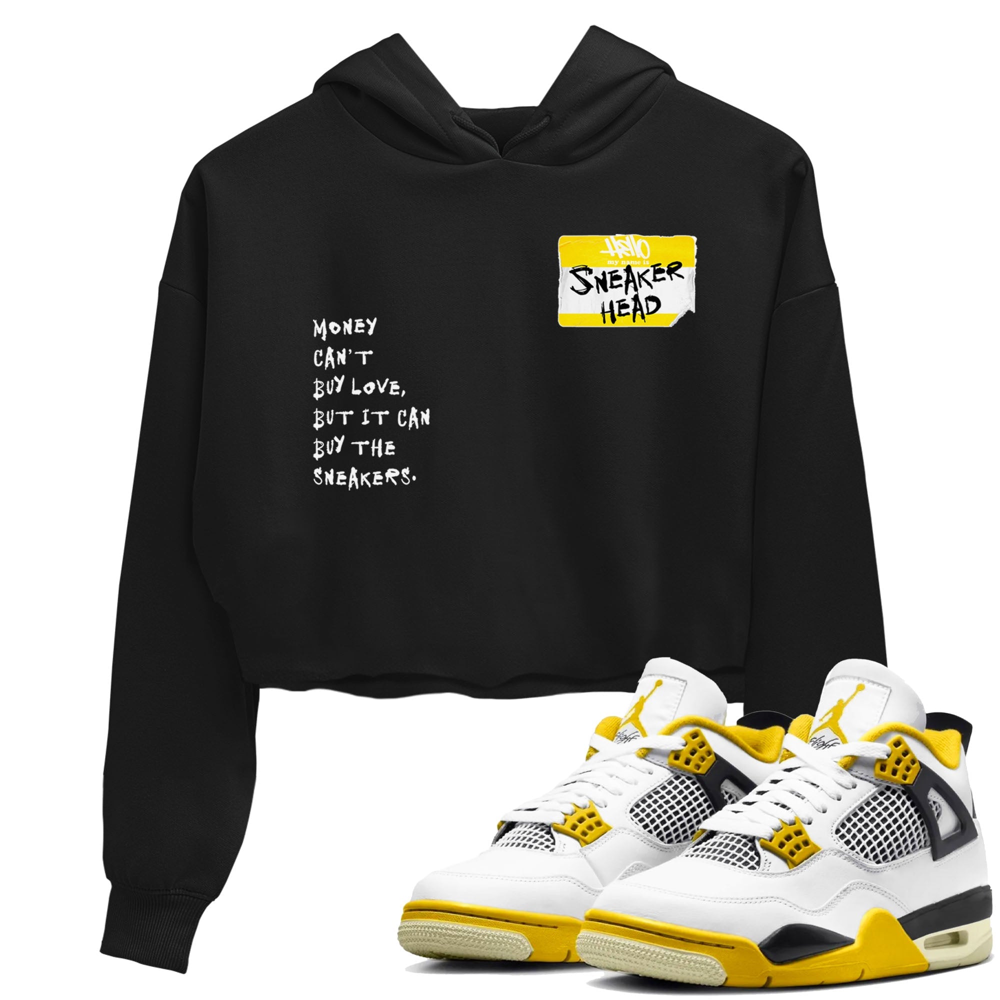 4s Vivid Sulfur shirt to match jordans Sneakerhead Badge sneaker tees Air Jordan 4 Vivid Sulfur Drip Gear Zone Black 1 crop length shirt