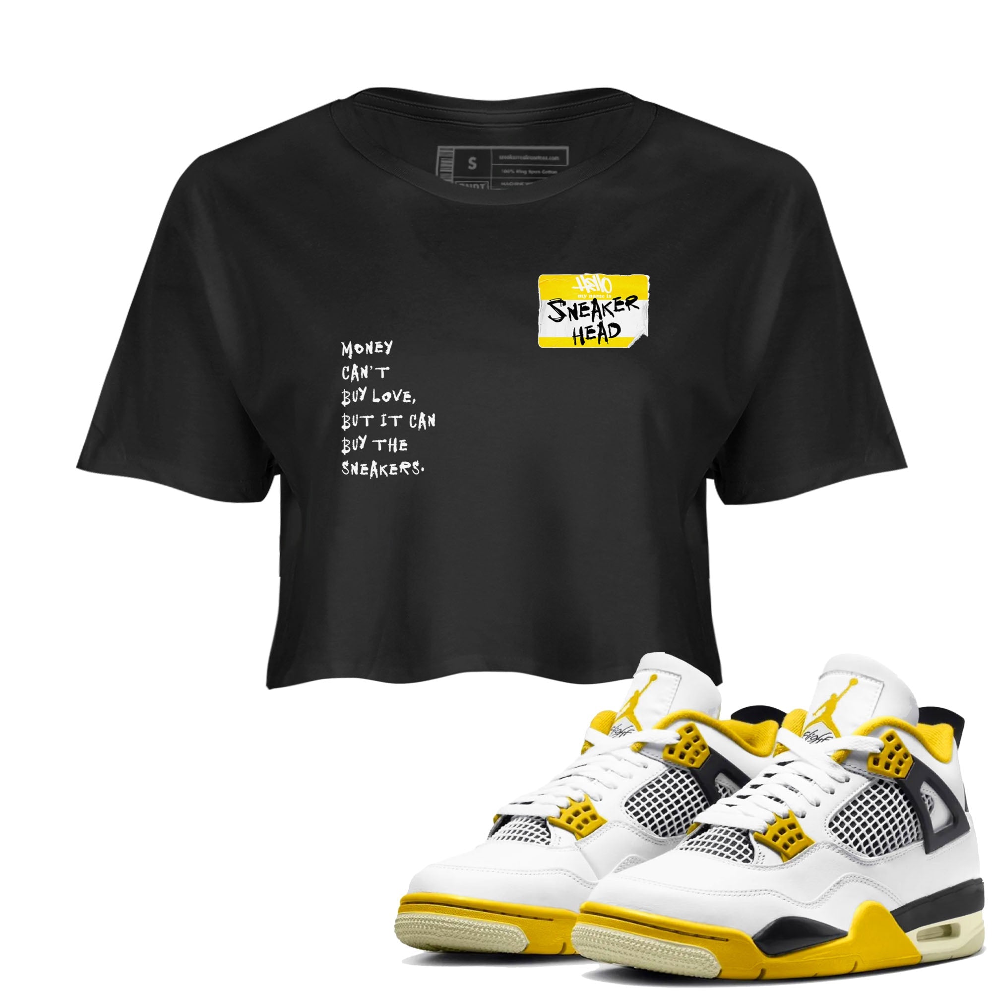 4s Vivid Sulfur shirt to match jordans Sneakerhead Badge sneaker tees Air Jordan 4 Vivid Sulfur Drip Gear Zone Black 1 crop length shirt
