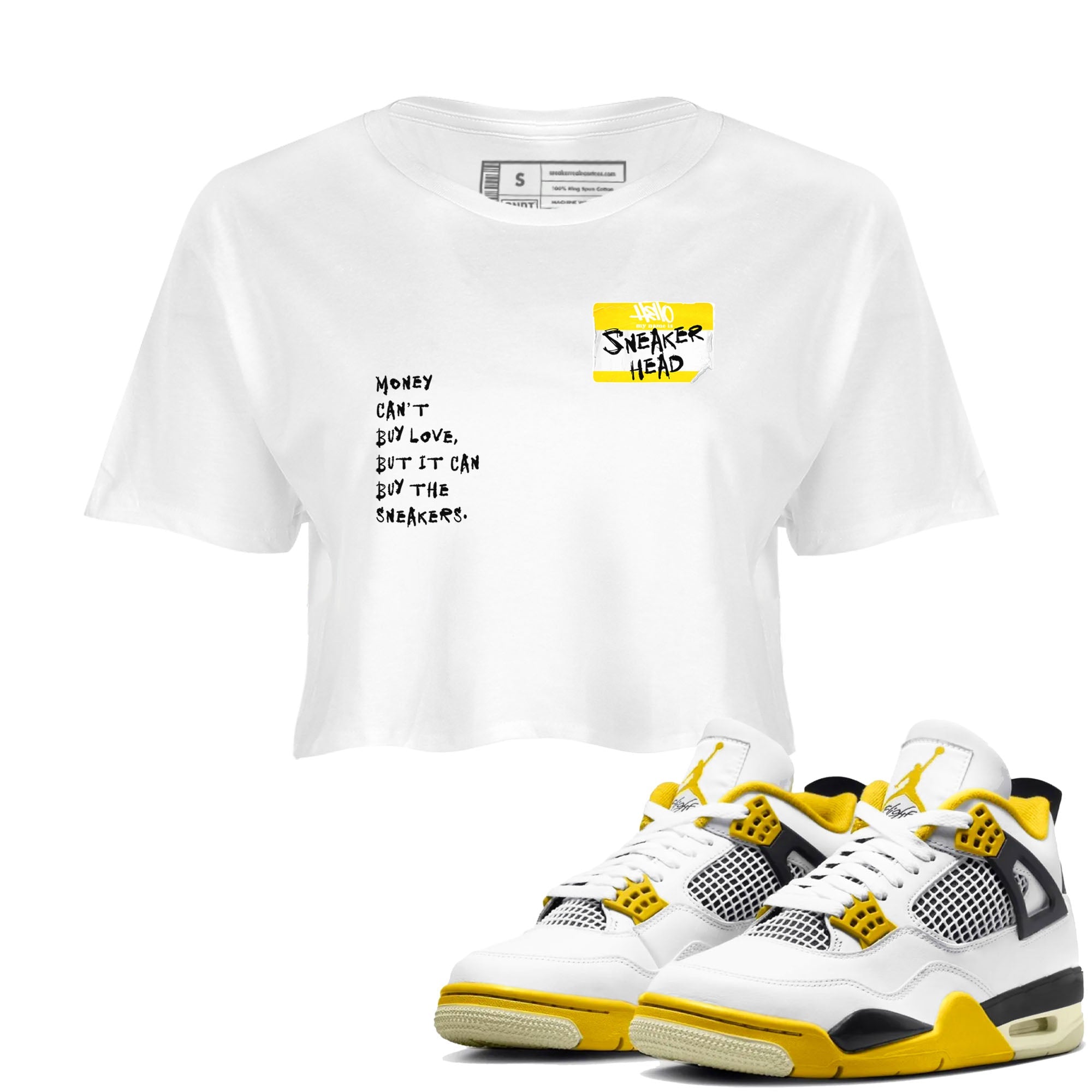 4s Vivid Sulfur shirt to match jordans Sneakerhead Badge sneaker tees Air Jordan 4 Vivid Sulfur Drip Gear Zone White 1 crop length shirt