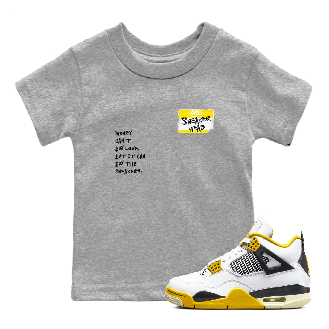 4s Vivid Sulfur shirt to match jordans Sneakerhead Badge sneaker tees Air Jordan 4 Vivid Sulfur Drip Gear Zone baby toddler Heather Grey 1 cotton Shirt