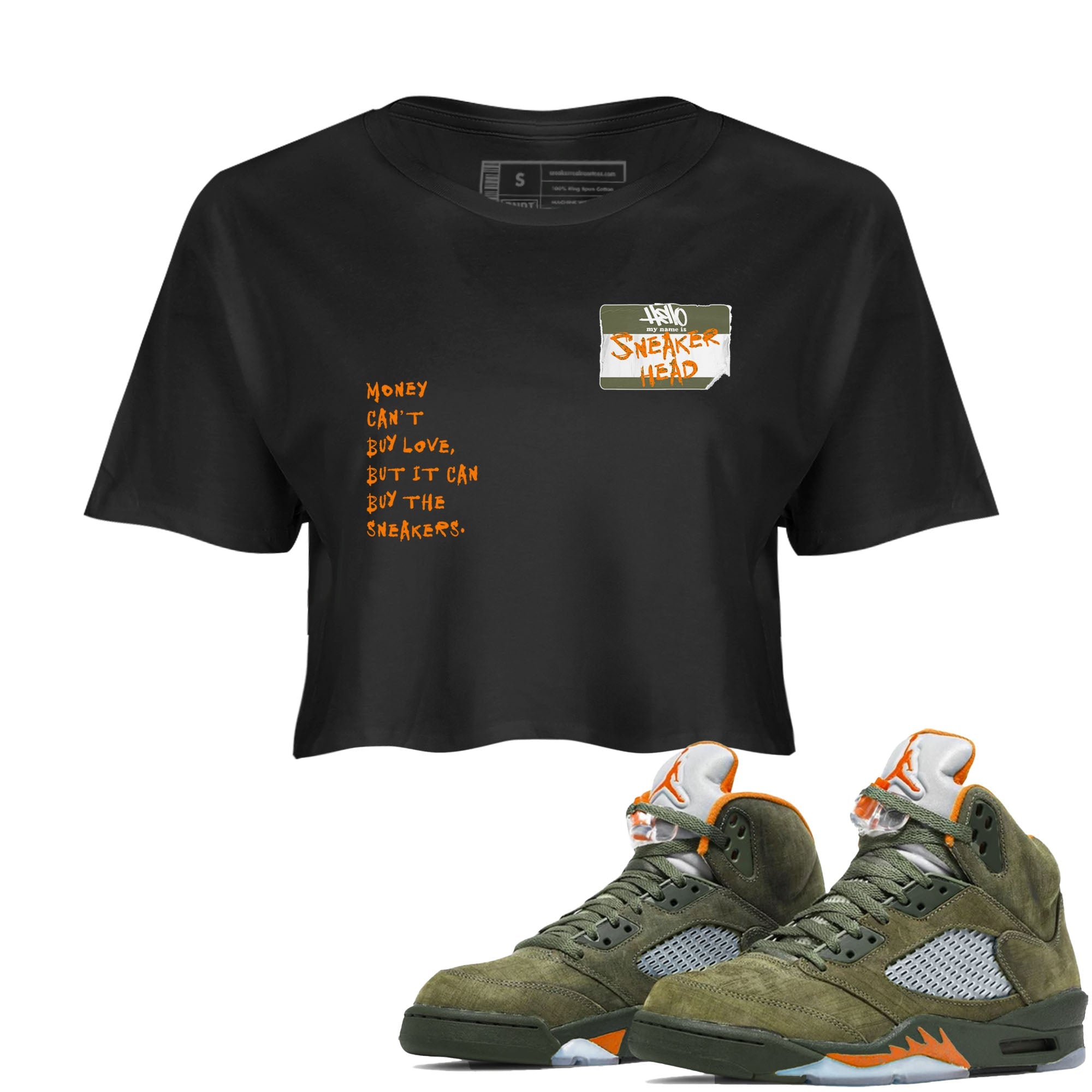 Air Jordan 5 Olive shirt to match jordans streetwear brand Sneakerhead Badge sneaker tees 5s Olive Drip Gear Zone Black 1 crop length shirt