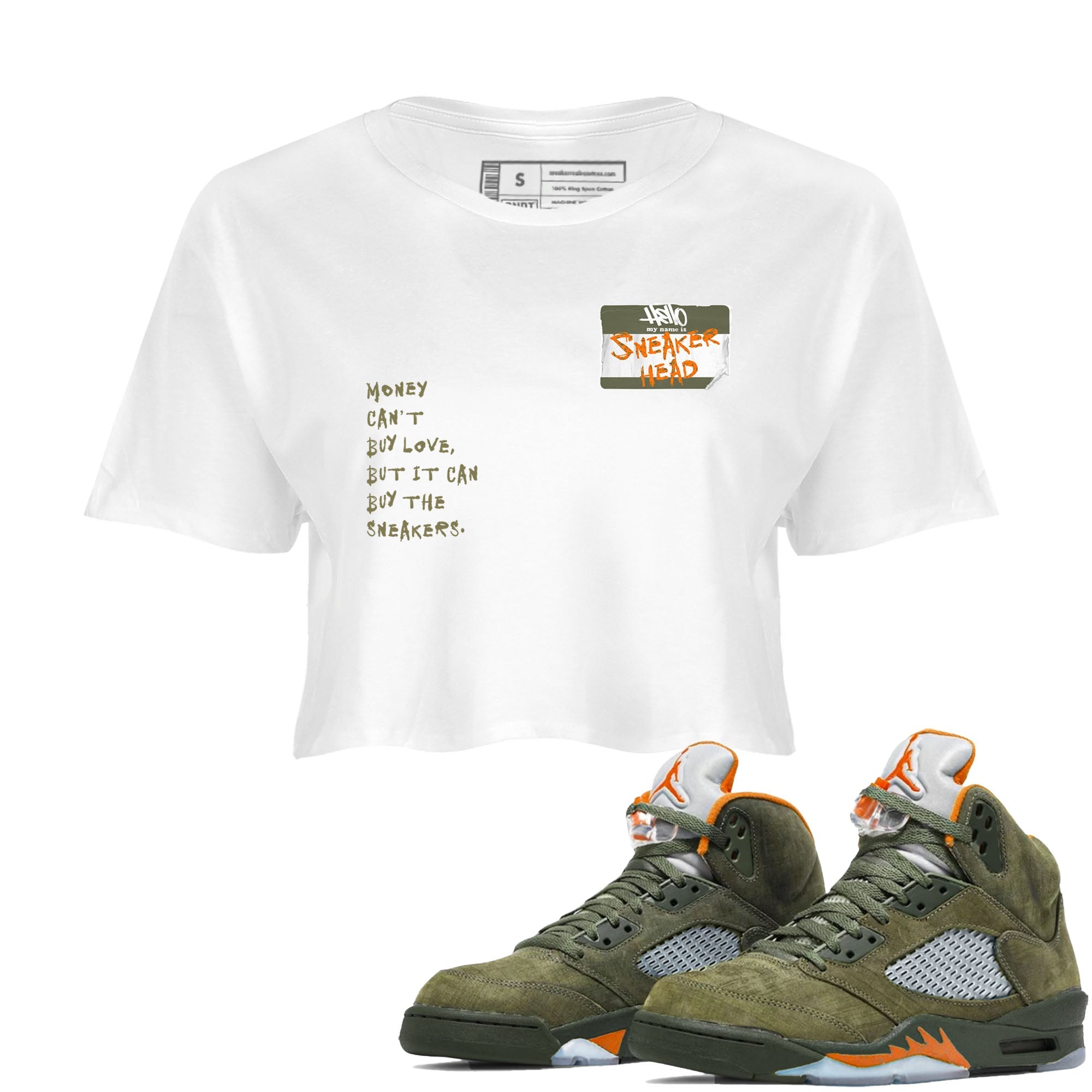 Air Jordan 5 Olive shirt to match jordans streetwear brand Sneakerhead Badge sneaker tees 5s Olive Drip Gear Zone White 1 crop length shirt