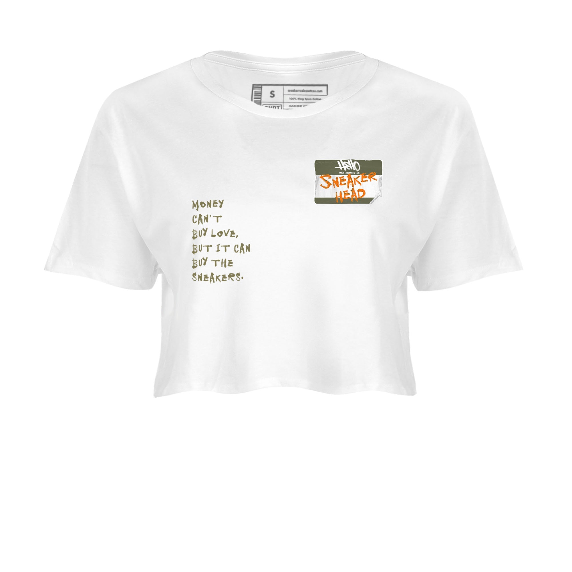 Air Jordan 5 Olive shirt to match jordans streetwear brand Sneakerhead Badge sneaker tees 5s Olive Drip Gear Zone White 2 crop length shirt
