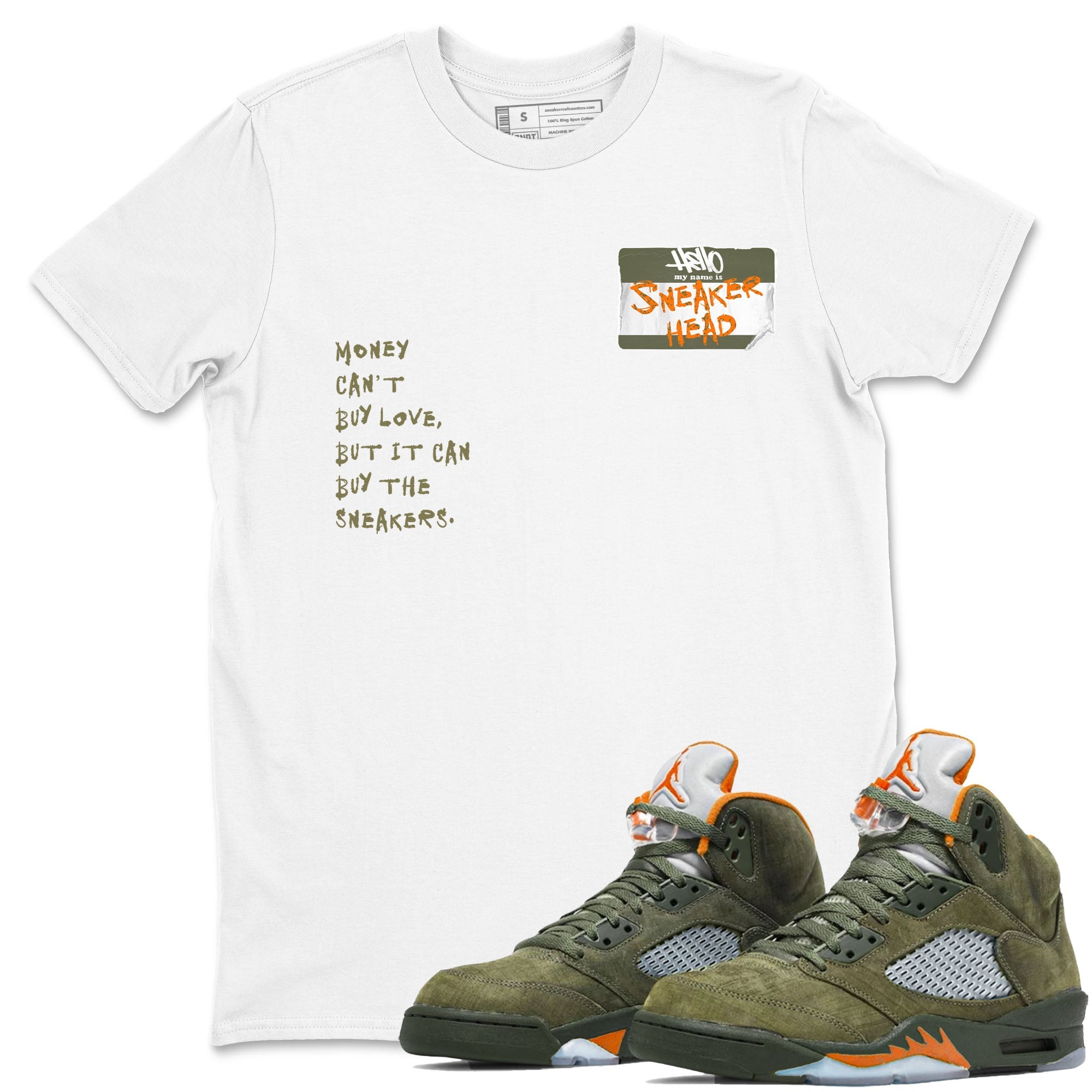 Air Jordan 5 Olive shirt to match jordans streetwear brand Sneakerhead Badge sneaker tees 5s Olive Drip Gear Zone unisex cotton White 1 crew neck shirt