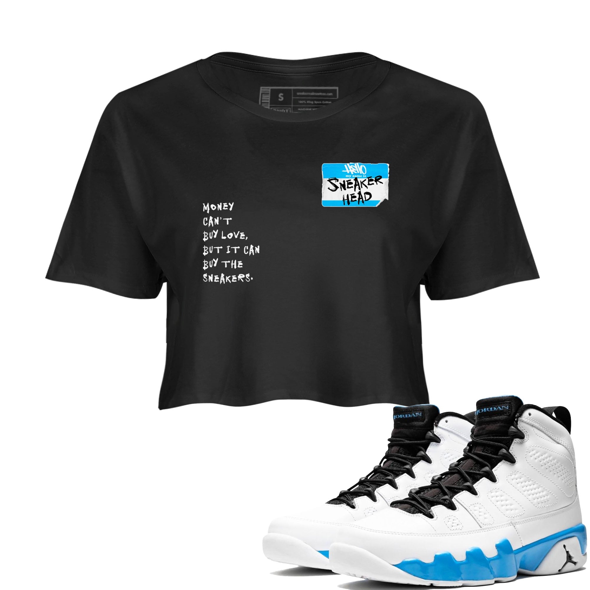 9s Powder Blue shirt to match jordans Sneakerhead Badge sneaker tees AJ9 Powder Blue Drip Gear Zone Streetwear Black 1 crop length shirt