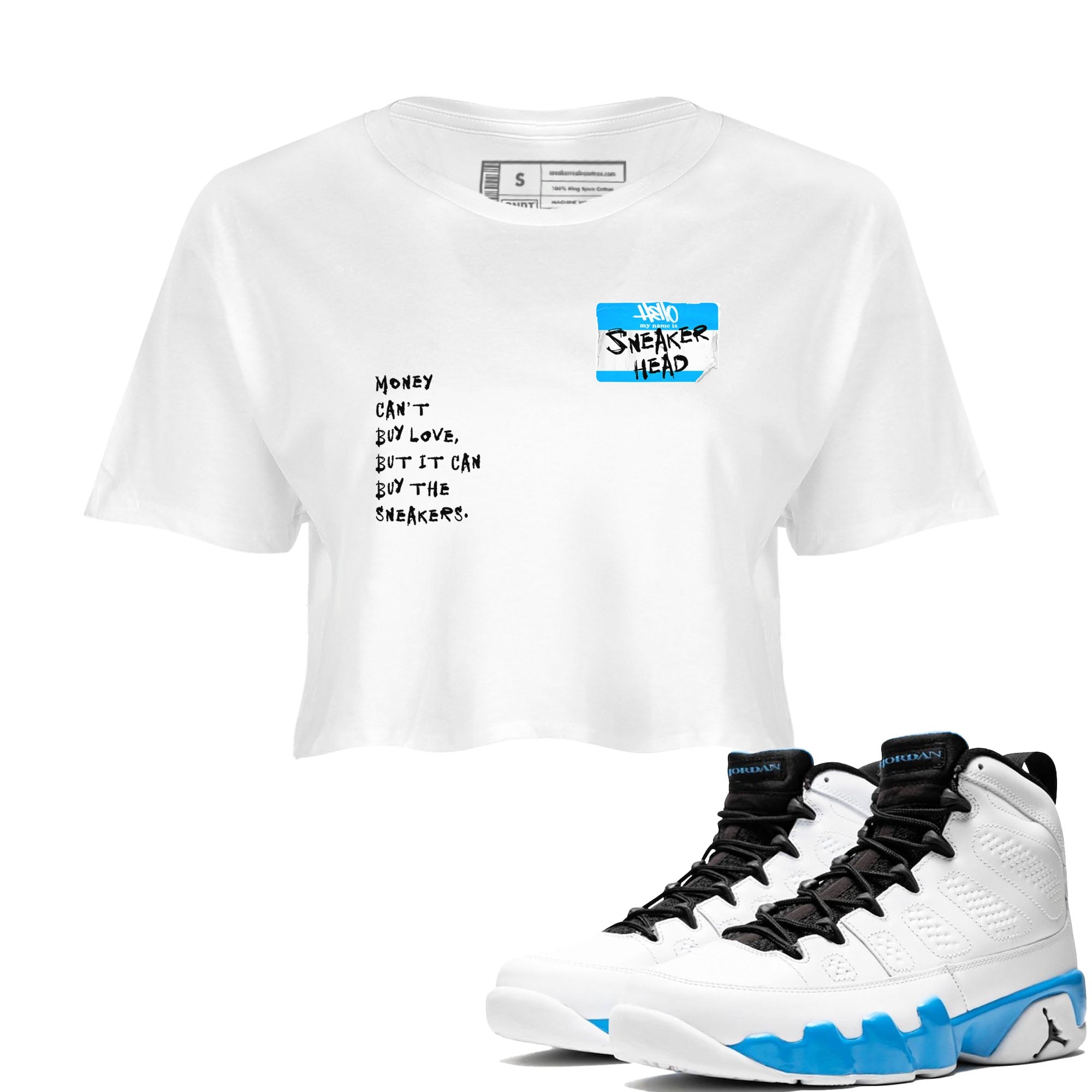 9s Powder Blue shirt to match jordans Sneakerhead Badge sneaker tees AJ9 Powder Blue Drip Gear Zone Streetwear White 1 crop length shirt