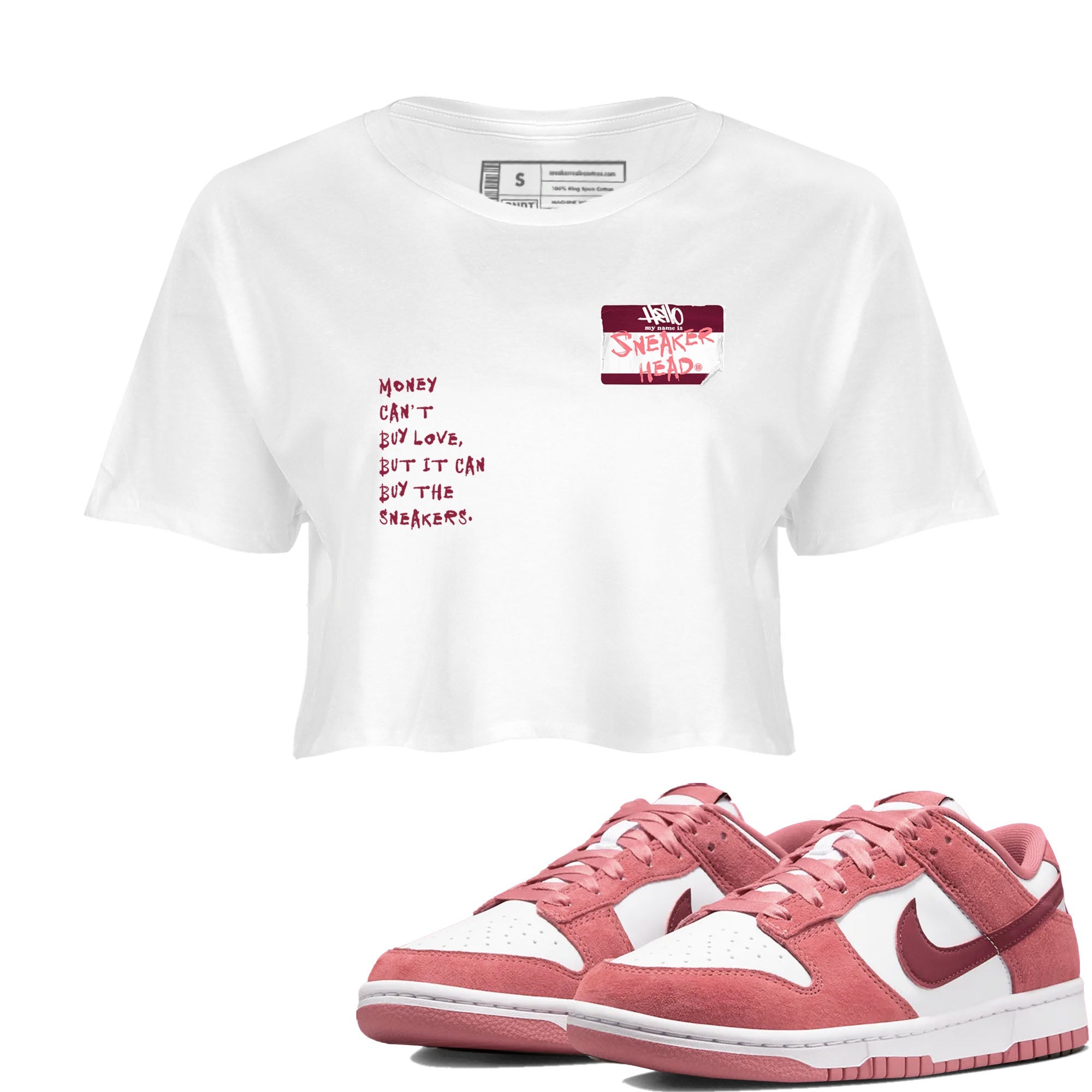 Dunk Valentine's Day shirt to match jordans Sneakerhead Badge sneaker tees Dunk Valentines Day Drip Gear Zone Streetwear White 1 crop length shirt