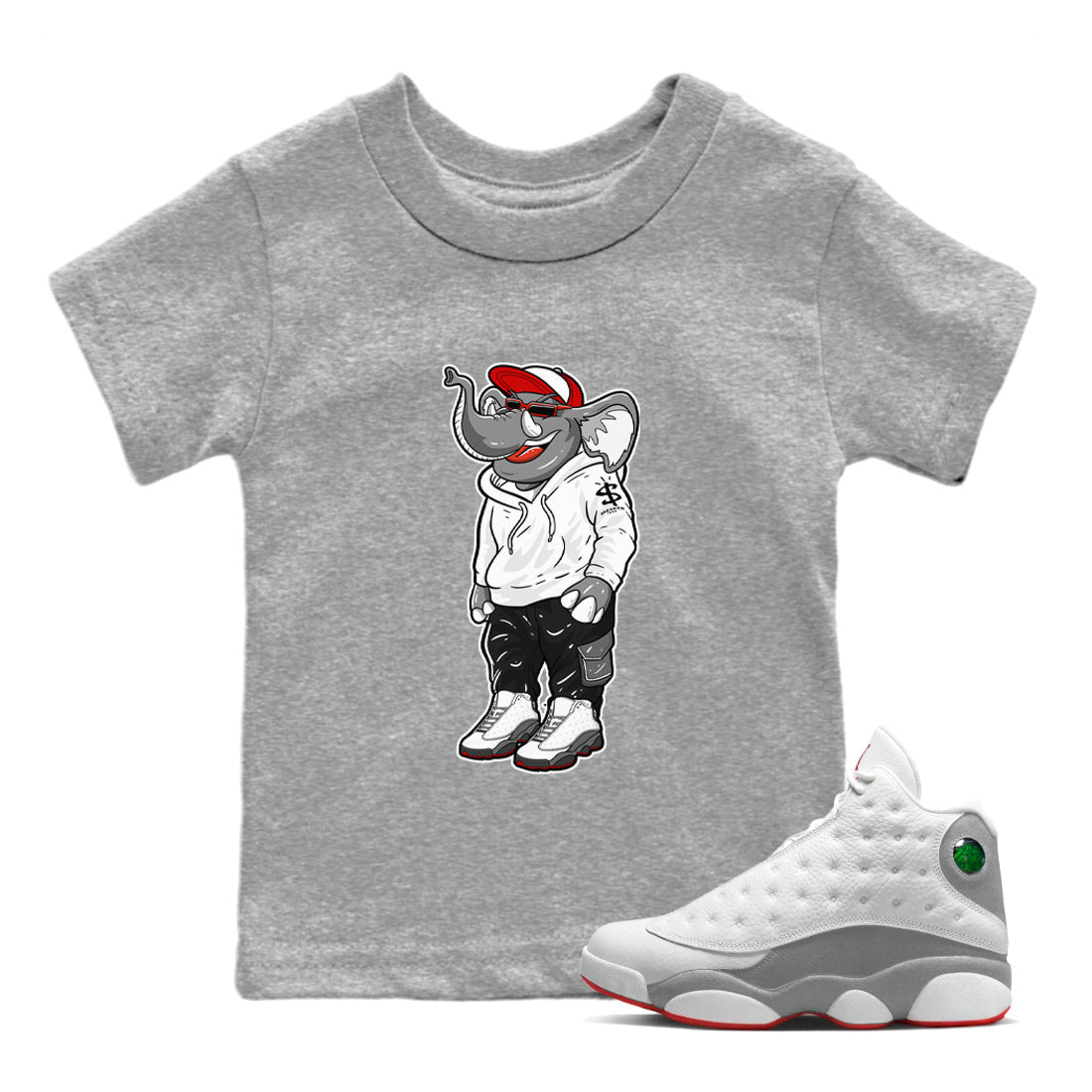 Air Jordan 13 Wolf Grey Sneaker Match Tees Sneakerhead Elephant Streetwear Sneaker Shirt 13s Wolf Grey Drip Gear Zone Sneaker Matching Clothing Kids Shirts Heather Grey 1