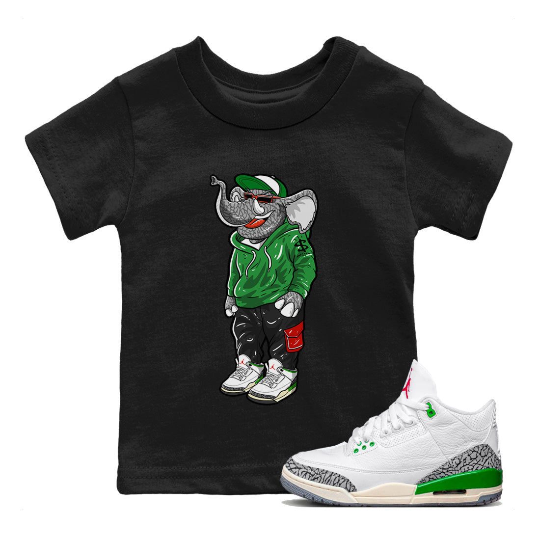 Air Jordan 3 Lucky Green Sneaker Match Tees Sneakerhead Elephant Streetwear Sneaker Shirt Jordan 3 WMNS Lucky Green Sneaker Release Tees Kids Shirts Black 1