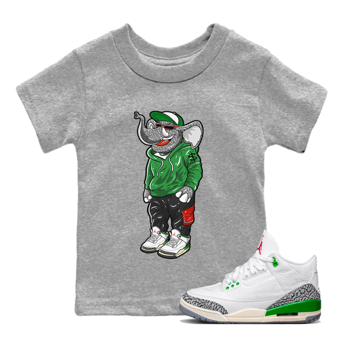 Air Jordan 3 Lucky Green Sneaker Match Tees Sneakerhead Elephant Streetwear Sneaker Shirt Jordan 3 WMNS Lucky Green Sneaker Release Tees Kids Shirts Heather Grey 1