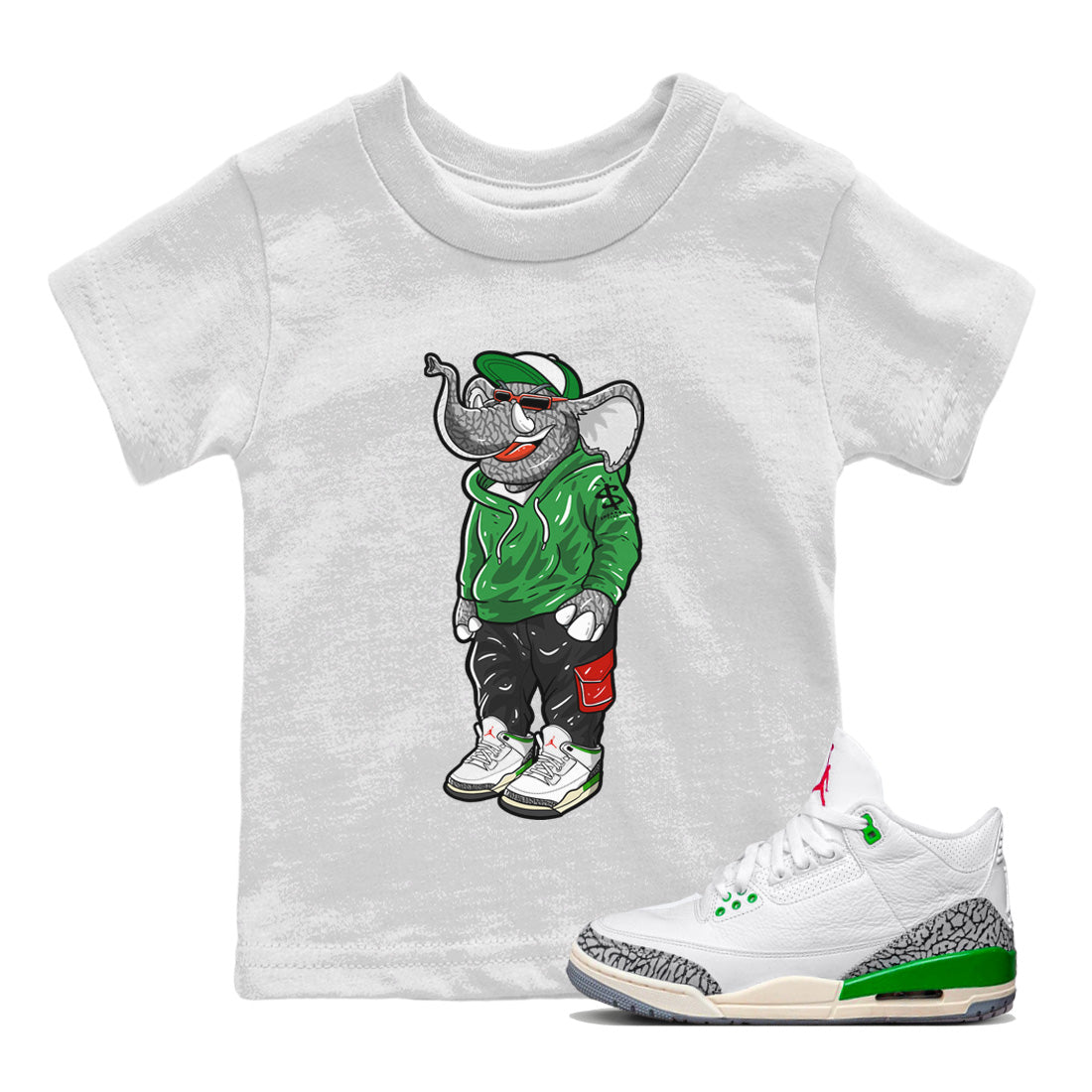 Air Jordan 3 Lucky Green Sneaker Match Tees Sneakerhead Elephant Streetwear Sneaker Shirt Jordan 3 WMNS Lucky Green Sneaker Release Tees Kids Shirts White 1