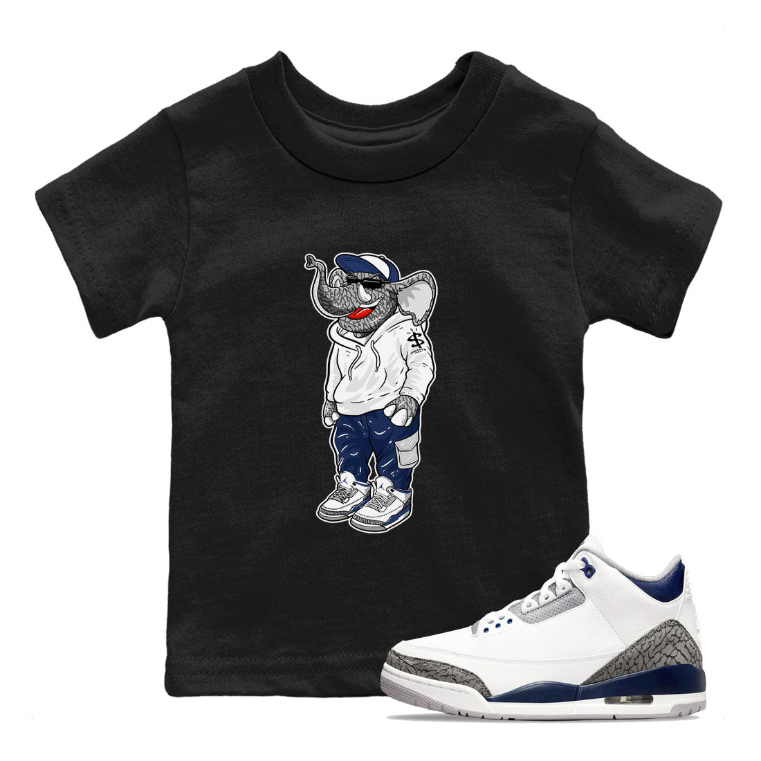 AJ3 Midnight Navy shirt to match jordans Sneakerhead Elephant sneaker match t-shirt 3s Midnight Navy Drip Gear Zone baby toddler Black 1 cotton sneaker tee