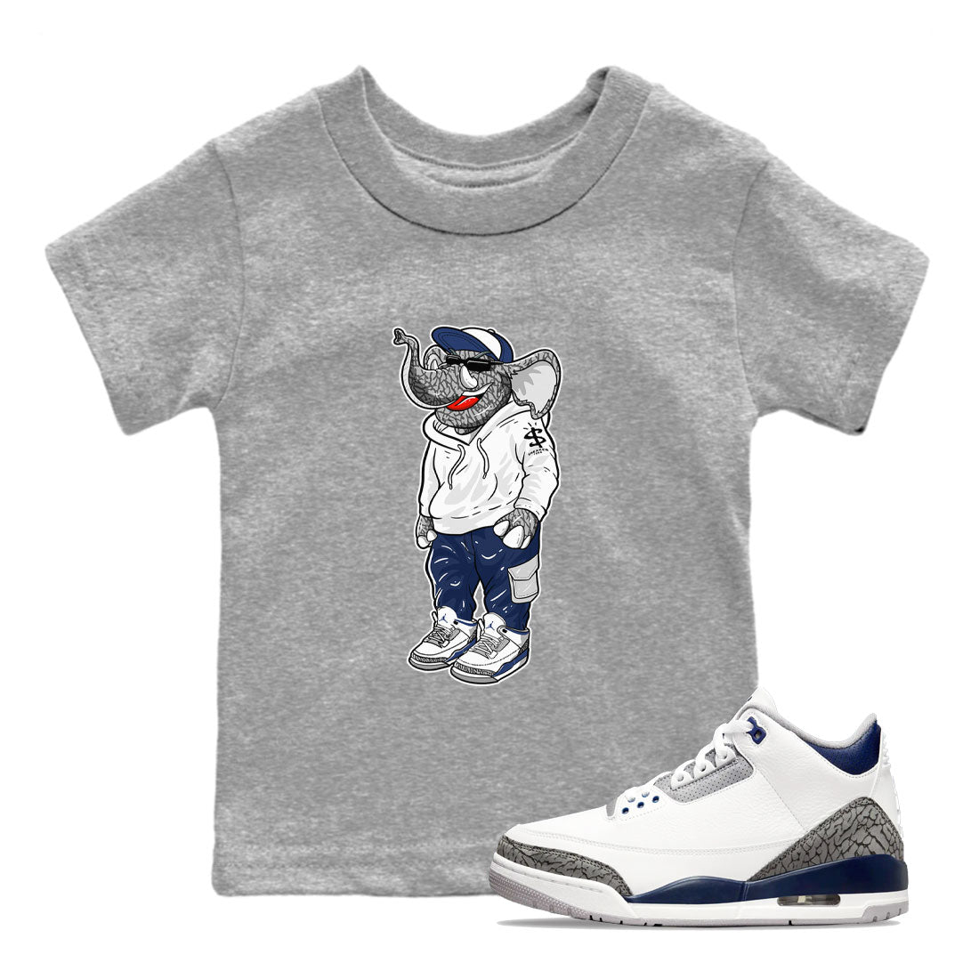 AJ3 Midnight Navy shirt to match jordans Sneakerhead Elephant sneaker match t-shirt 3s Midnight Navy Drip Gear Zone baby toddler Heather Grey 1 cotton sneaker tee