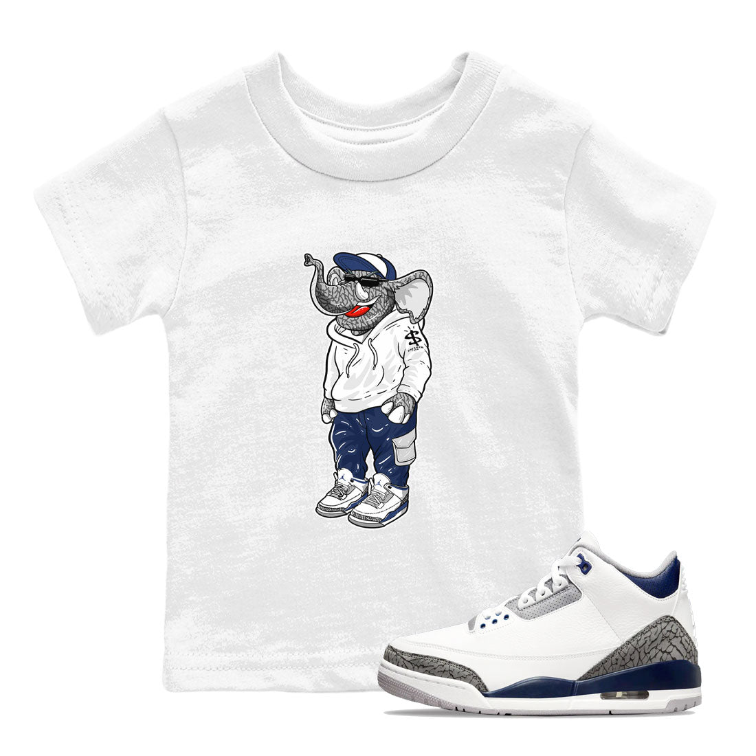 AJ3 Midnight Navy shirt to match jordans Sneakerhead Elephant sneaker match t-shirt 3s Midnight Navy Drip Gear Zone baby toddler White 1 cotton sneaker tee