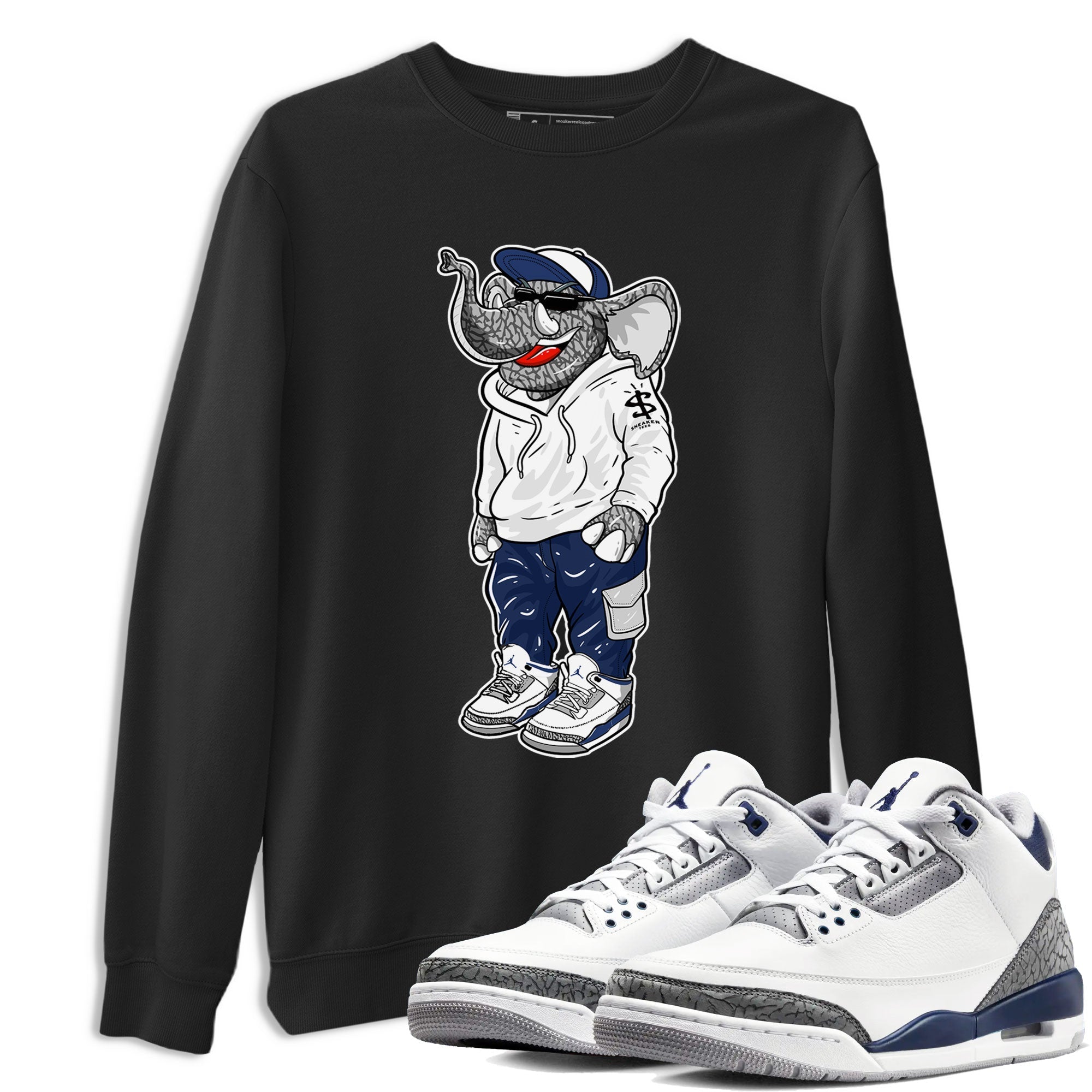 AJ3 Midnight Navy shirt to match jordans Sneakerhead Elephant sneaker match t-shirt 3s Midnight Navy Drip Gear Zone unisex cotton Black 1 Crew Neck T-Shirt