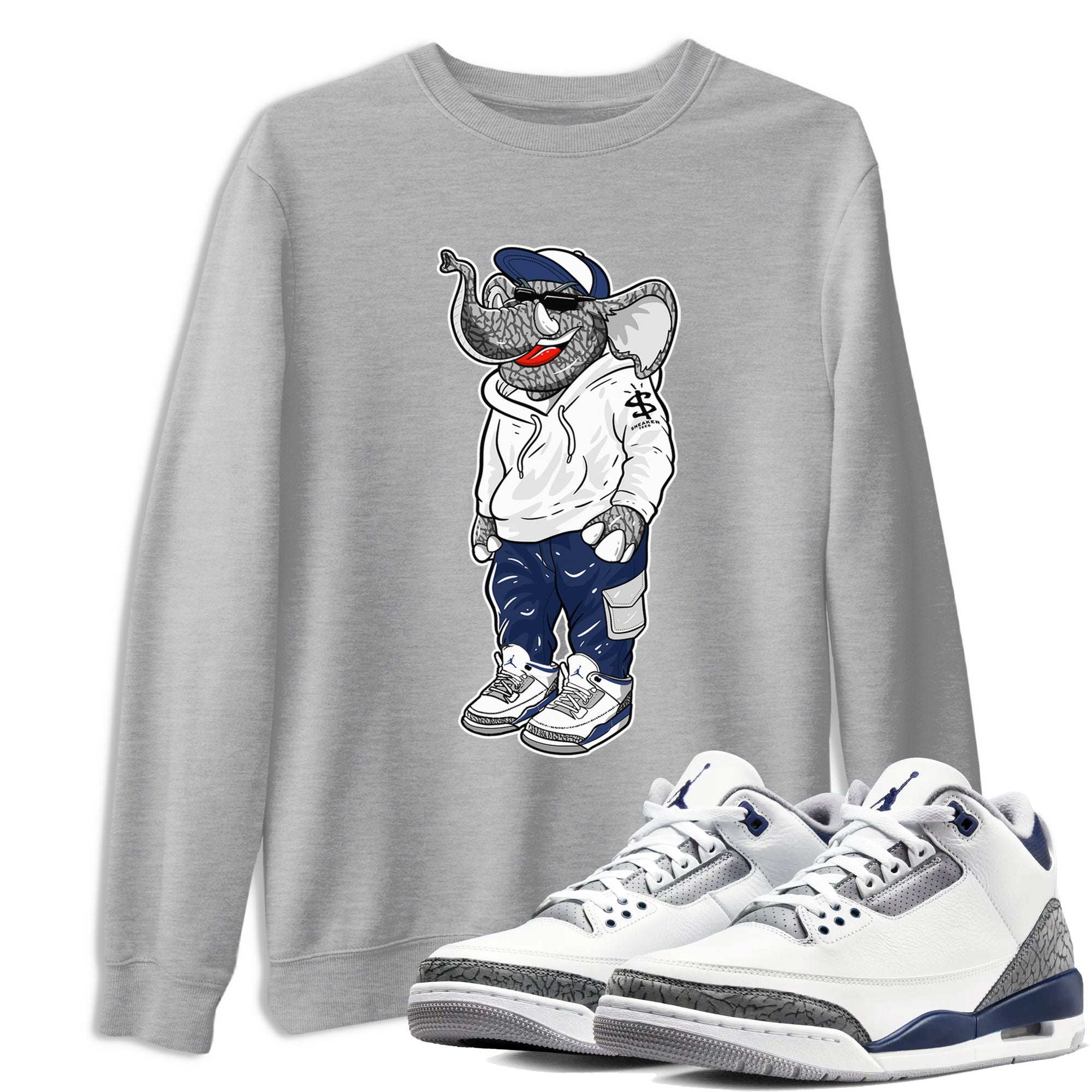 AJ3 Midnight Navy shirt to match jordans Sneakerhead Elephant sneaker match t-shirt 3s Midnight Navy Drip Gear Zone unisex cotton Heather Grey 1 Crew Neck T-Shirt