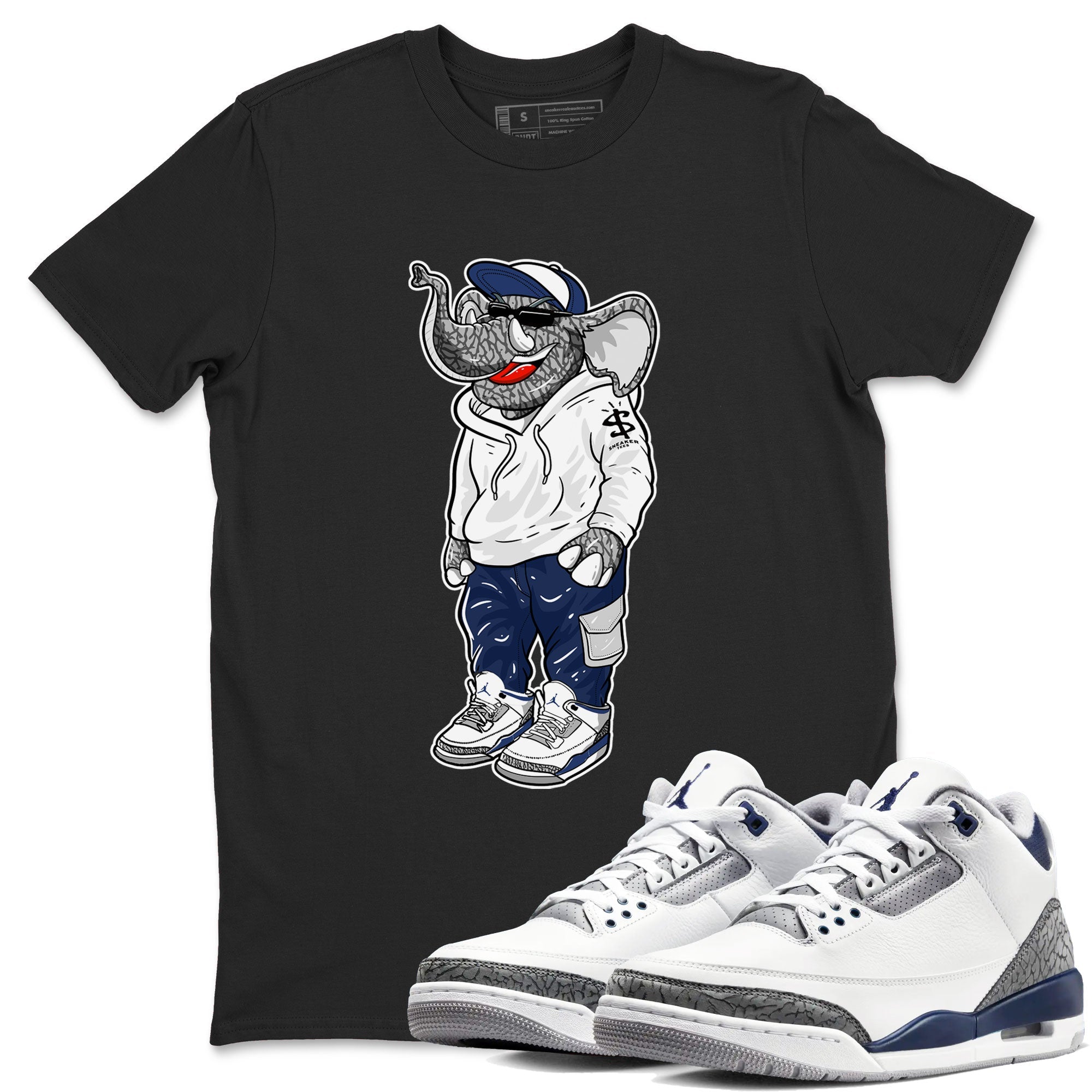 AJ3 Midnight Navy shirt to match jordans Sneakerhead Elephant sneaker match t-shirt 3s Midnight Navy Drip Gear Zone unisex cotton Black 1 Crew Neck T-Shirt