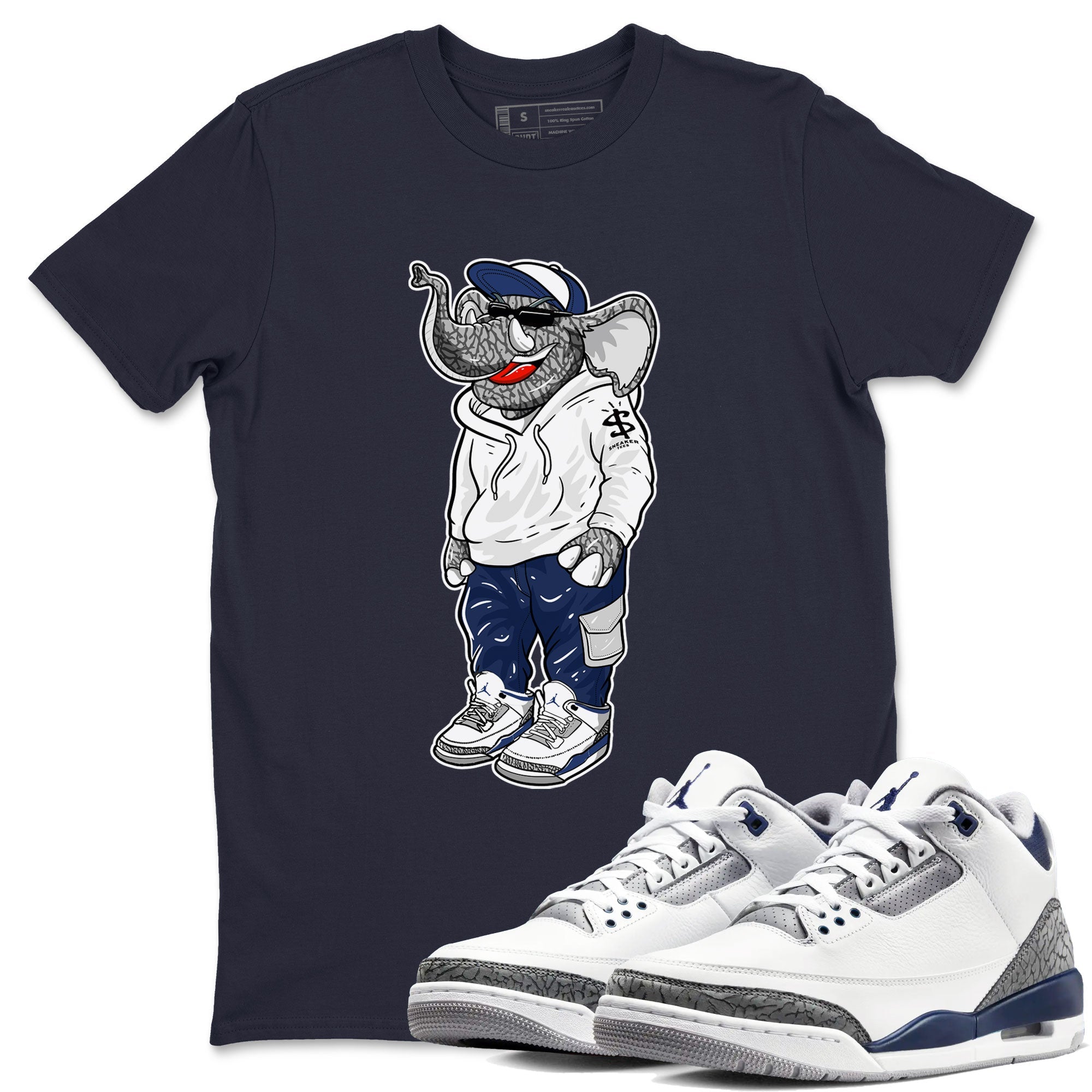 AJ3 Midnight Navy shirt to match jordans Sneakerhead Elephant sneaker match t-shirt 3s Midnight Navy Drip Gear Zone unisex cotton Navy 1 Crew Neck T-Shirt