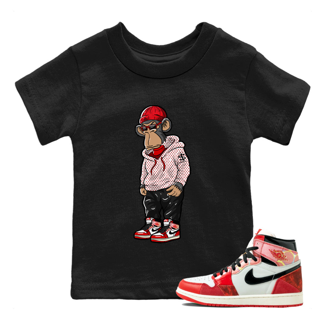 Air Jordan 1 Spider Man Sneaker Match Tees Sneakerhead Monkey Sneaker Release Tees Air Jordan 1 High OG x Spider Man Sneaker Release Tees Kids Shirts Black 1