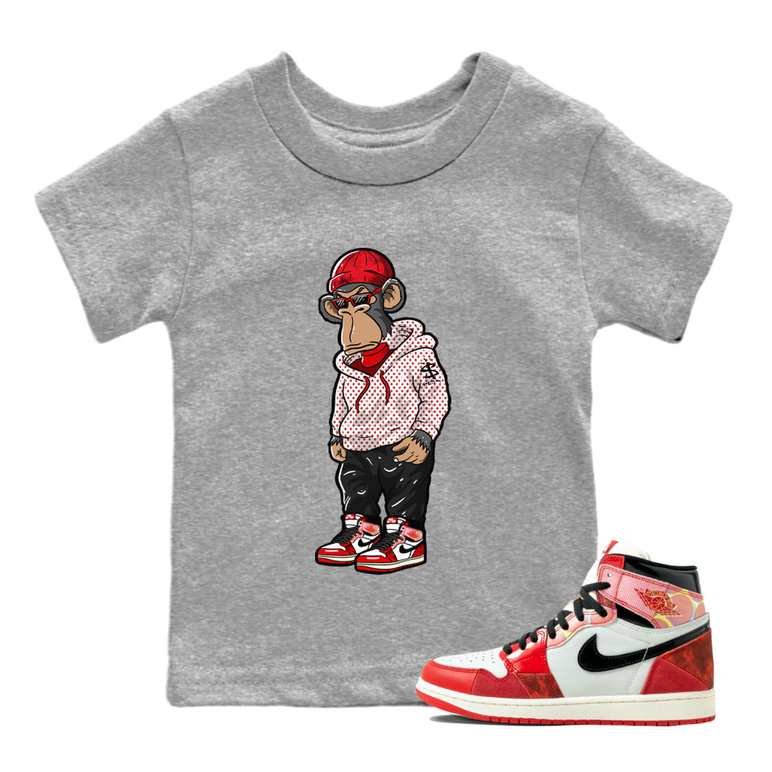 Air Jordan 1 Spider Man Sneaker Match Tees Sneakerhead Monkey Sneaker Release Tees Air Jordan 1 High OG x Spider Man Sneaker Release Tees Kids Shirts Heather Grey 1