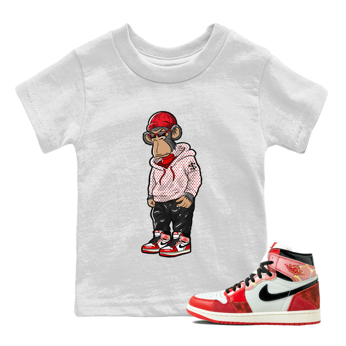Air Jordan 1 Spider Man Sneaker Match Tees Sneakerhead Monkey Sneaker Release Tees Air Jordan 1 High OG x Spider Man Sneaker Release Tees Kids Shirts White 1
