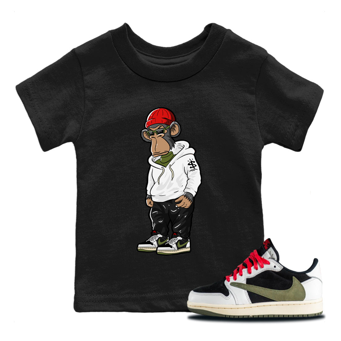 Air Jordan 1 Travis Scott Olive Sneaker Match Tees Sneakerhead Monkey Streetwear Sneaker Shirt Air Jordan 1 Low x Travis Scott x Olive Sneaker Release Tees Kids Shirts Black 1