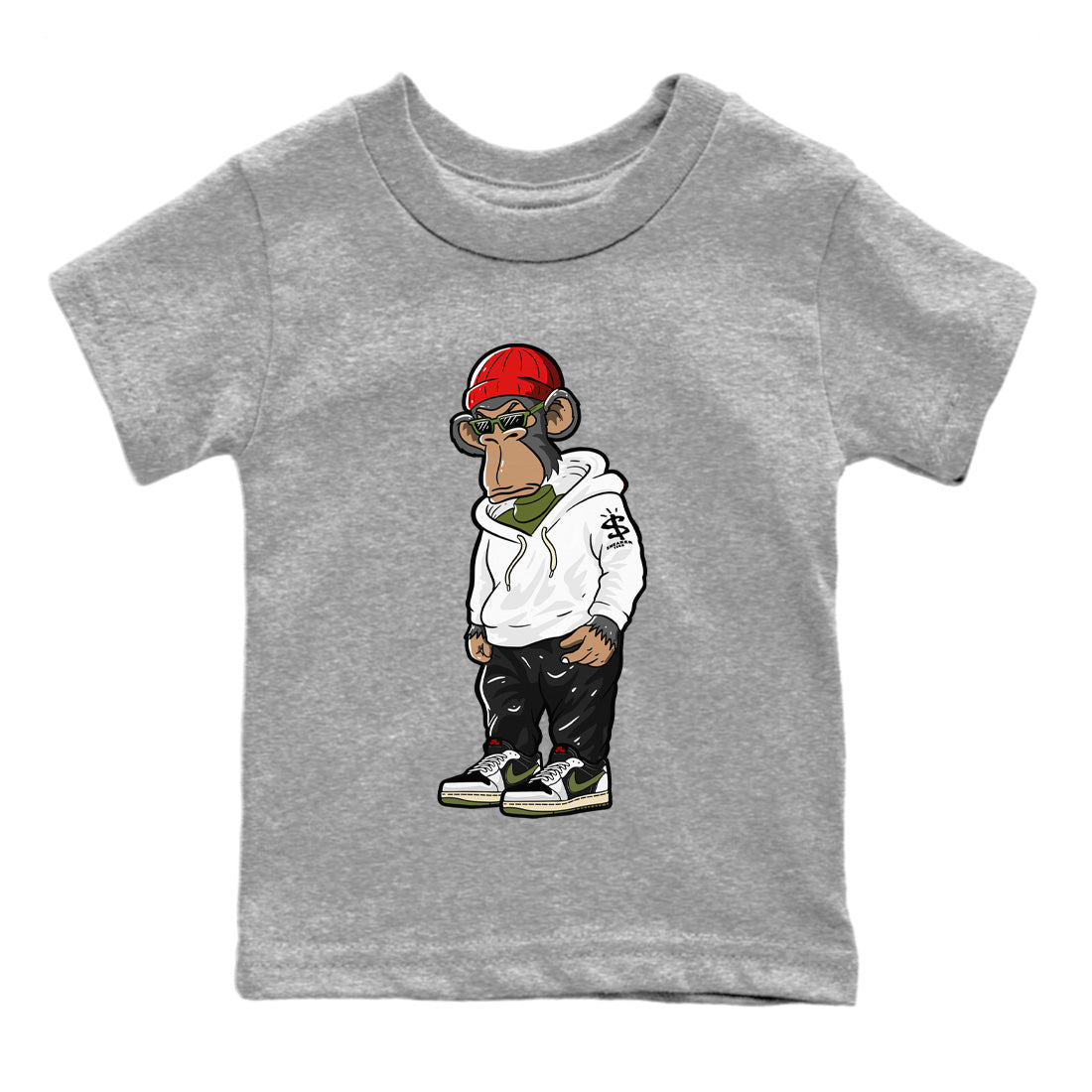 Air Jordan 1 Travis Scott Olive Sneaker Match Tees Sneakerhead Monkey Streetwear Sneaker Shirt Air Jordan 1 Low x Travis Scott x Olive Sneaker Release Tees Kids Shirts Heather Grey 2