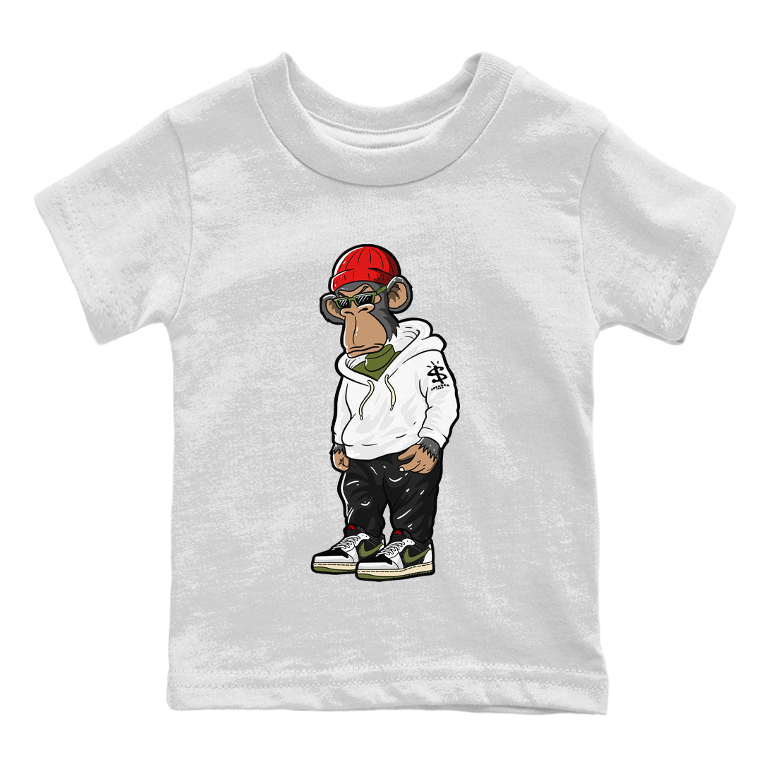 Air Jordan 1 Travis Scott Olive Sneaker Match Tees Sneakerhead Monkey Streetwear Sneaker Shirt Air Jordan 1 Low x Travis Scott x Olive Sneaker Release Tees Kids Shirts White 2