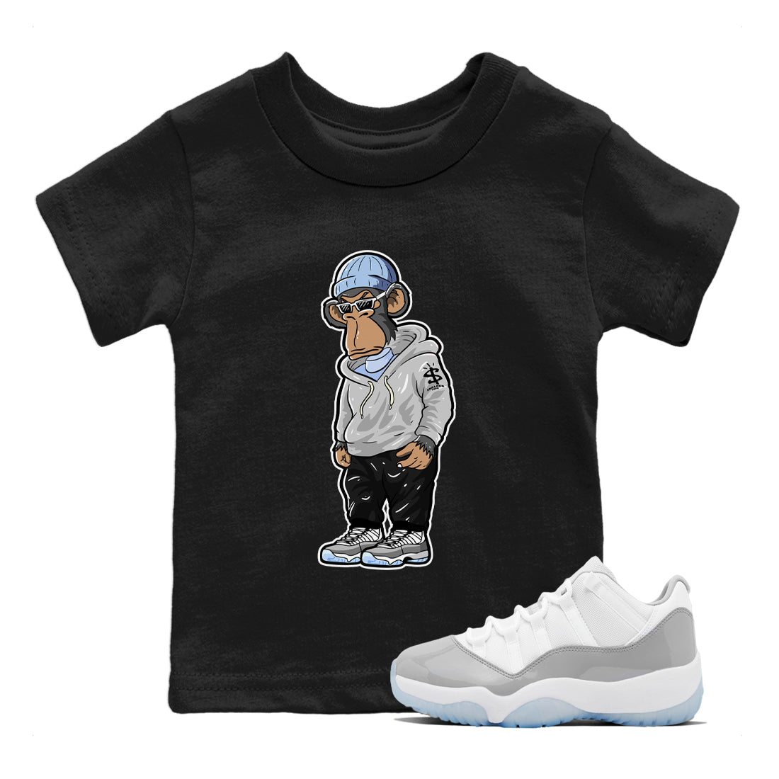 Air Jordan 11 White Cement Sneaker Match Tees Sneakerhead Monkey Streetwear Sneaker Shirt Jordan 11 Retro White Cement Sneaker Release Tees Kids Shirts Black 1