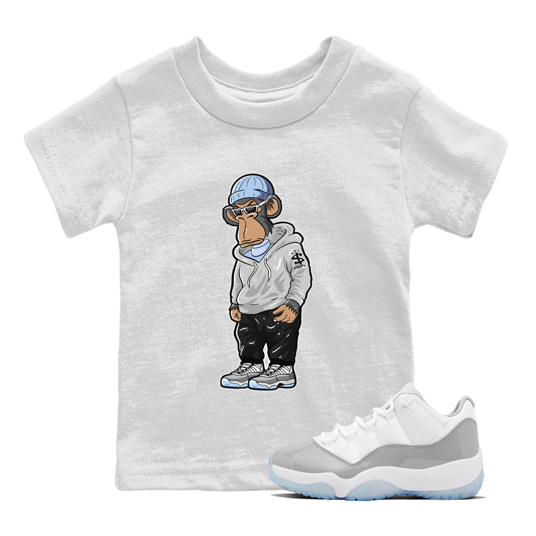 Air Jordan 11 White Cement Sneaker Match Tees Sneakerhead Monkey Streetwear Sneaker Shirt Jordan 11 Retro White Cement Sneaker Release Tees Kids Shirts White 1