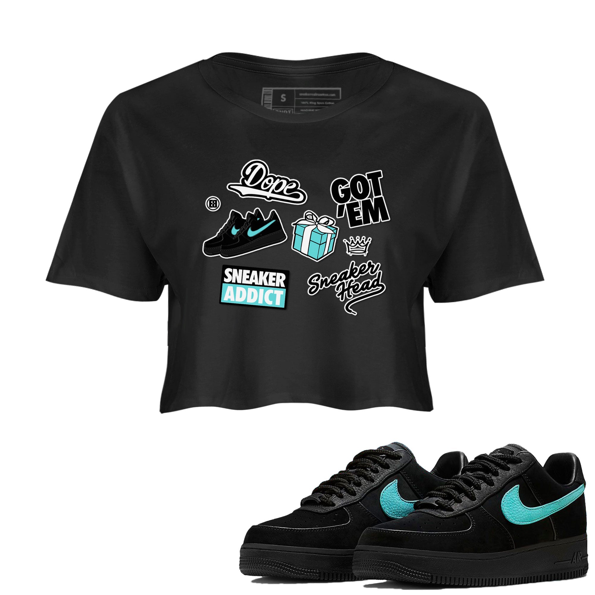 Air Force 1 x Tiffany shirt to match jordans Sneakerhead Sticker sneaker tees Air Force 1 Tiffany Drip Gear Zone Black 1 crop length shirt