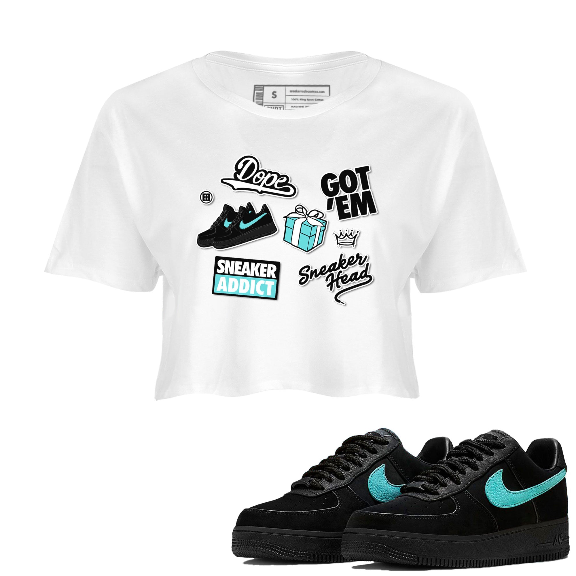 Air Force 1 x Tiffany shirt to match jordans Sneakerhead Sticker sneaker tees Air Force 1 Tiffany Drip Gear Zone White 1 crop length shirt