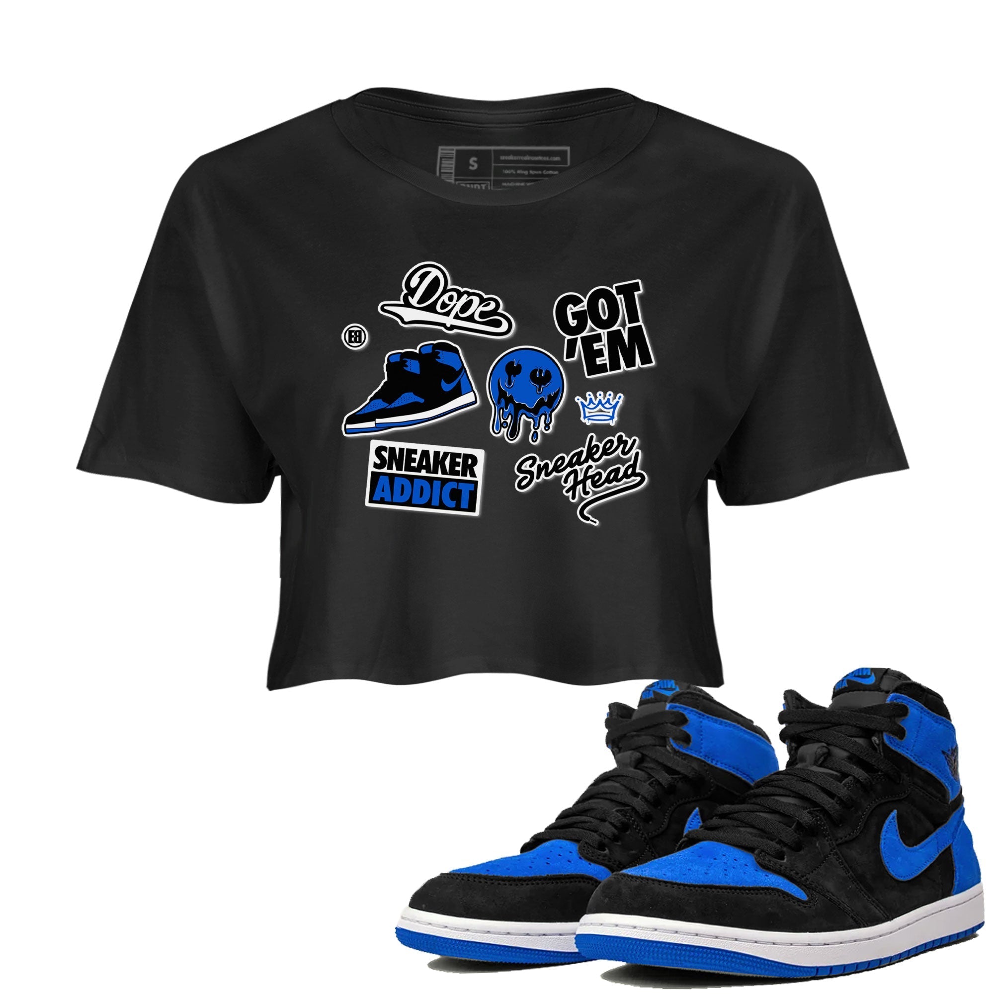 Jordan 1 Retro High OG Royal Reimagined shirt to match jordans Sneakerhead Sticker sneaker matching tees Air Jordan 1 Royal Reimagined Drip Gear Zones Black 1 Crop T-Shirt