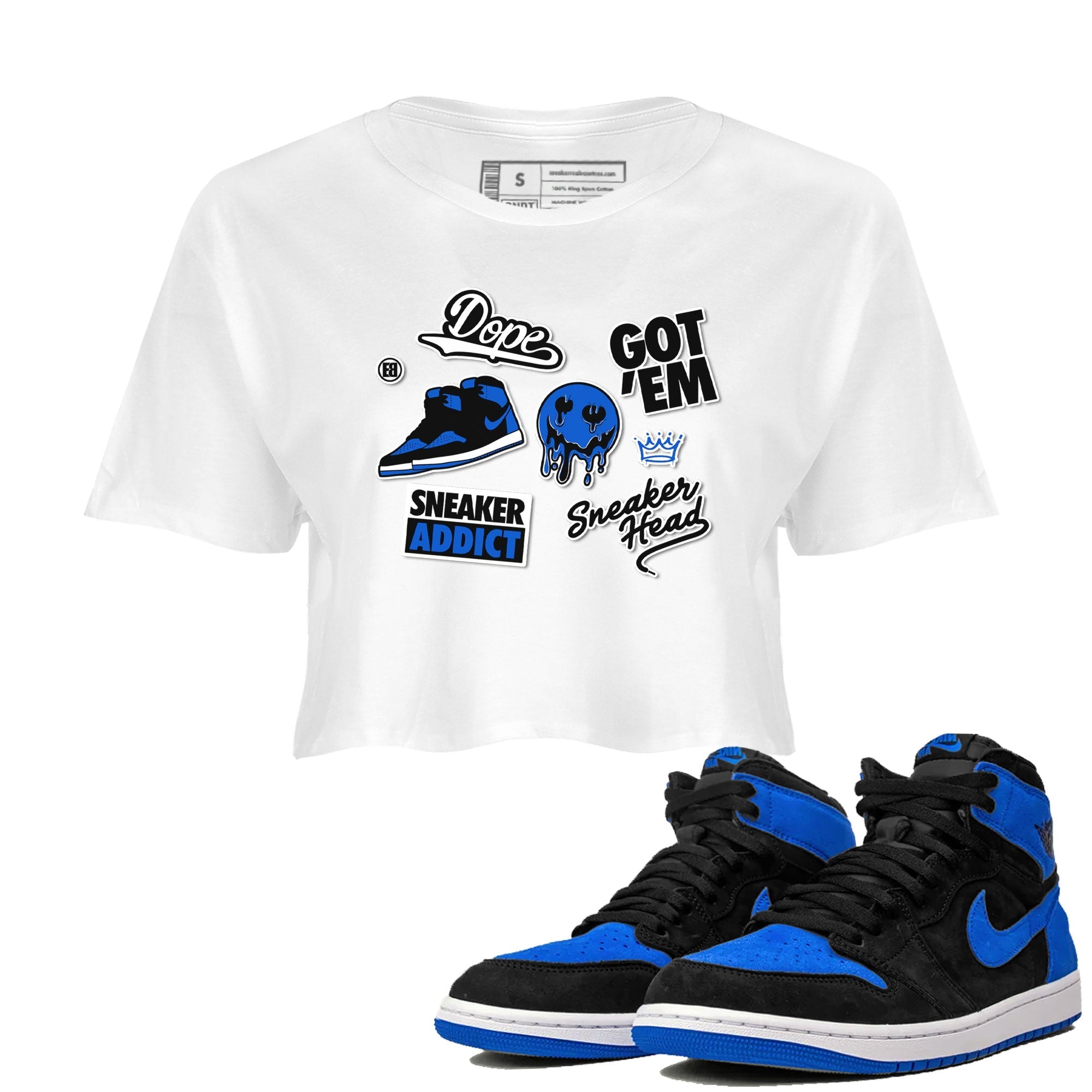 Jordan 1 Retro High OG Royal Reimagined shirt to match jordans Sneakerhead Sticker sneaker matching tees Air Jordan 1 Royal Reimagined Drip Gear Zones White 1 Crop T-Shirt
