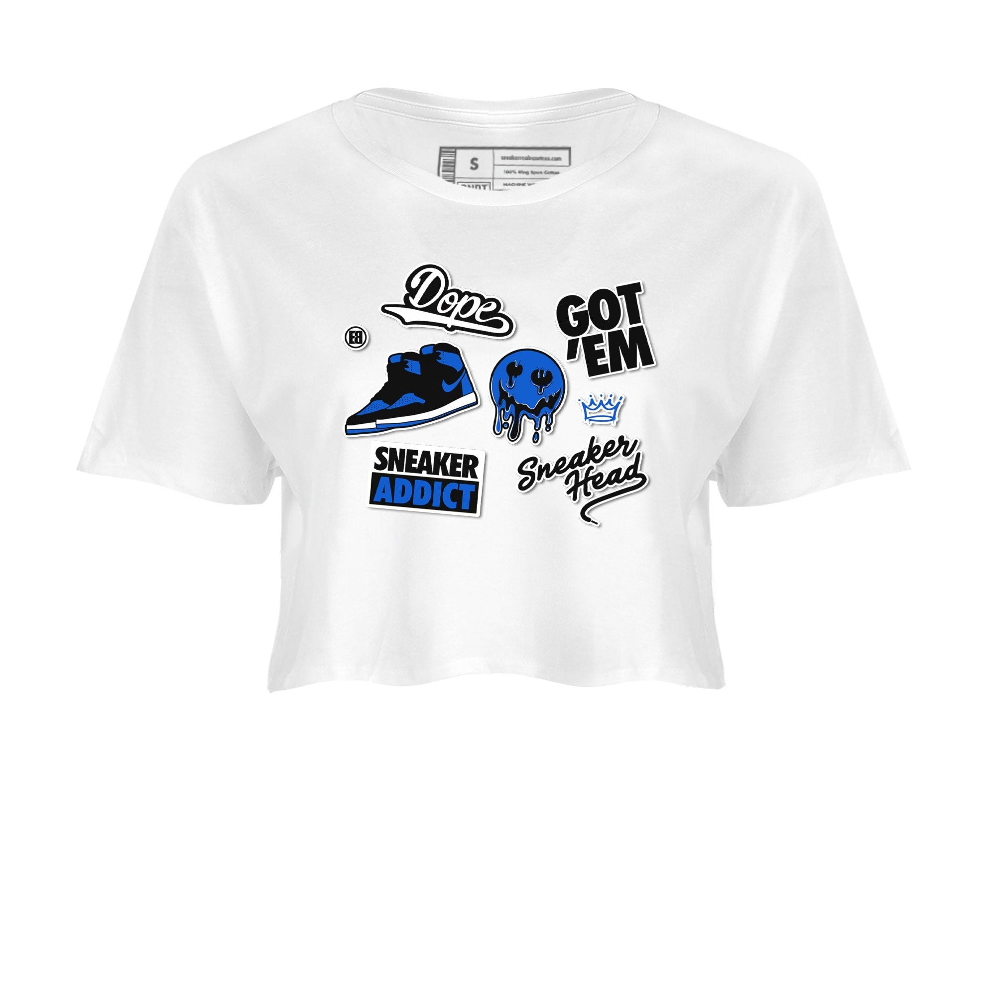 Jordan 1 Retro High OG Royal Reimagined shirt to match jordans Sneakerhead Sticker sneaker matching tees Air Jordan 1 Royal Reimagined Drip Gear Zones White 2 Crop T-Shirt