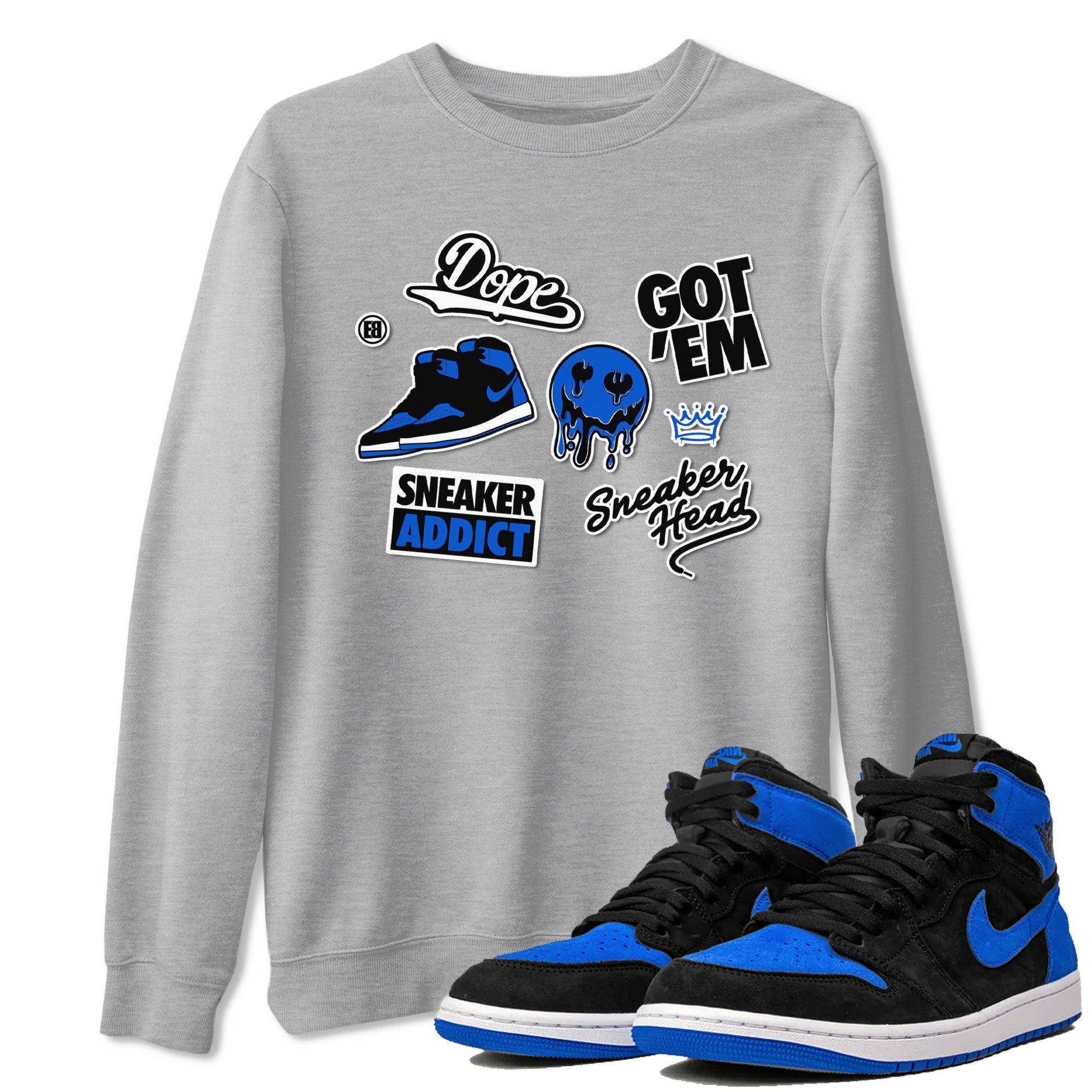 Jordan 1 Retro High OG Royal Reimagined shirt to match jordans Sneakerhead Sticker sneaker matching tees Air Jordan 1 Royal Reimagined Drip Gear Zones Unisex Heather Grey 1 T-Shirt