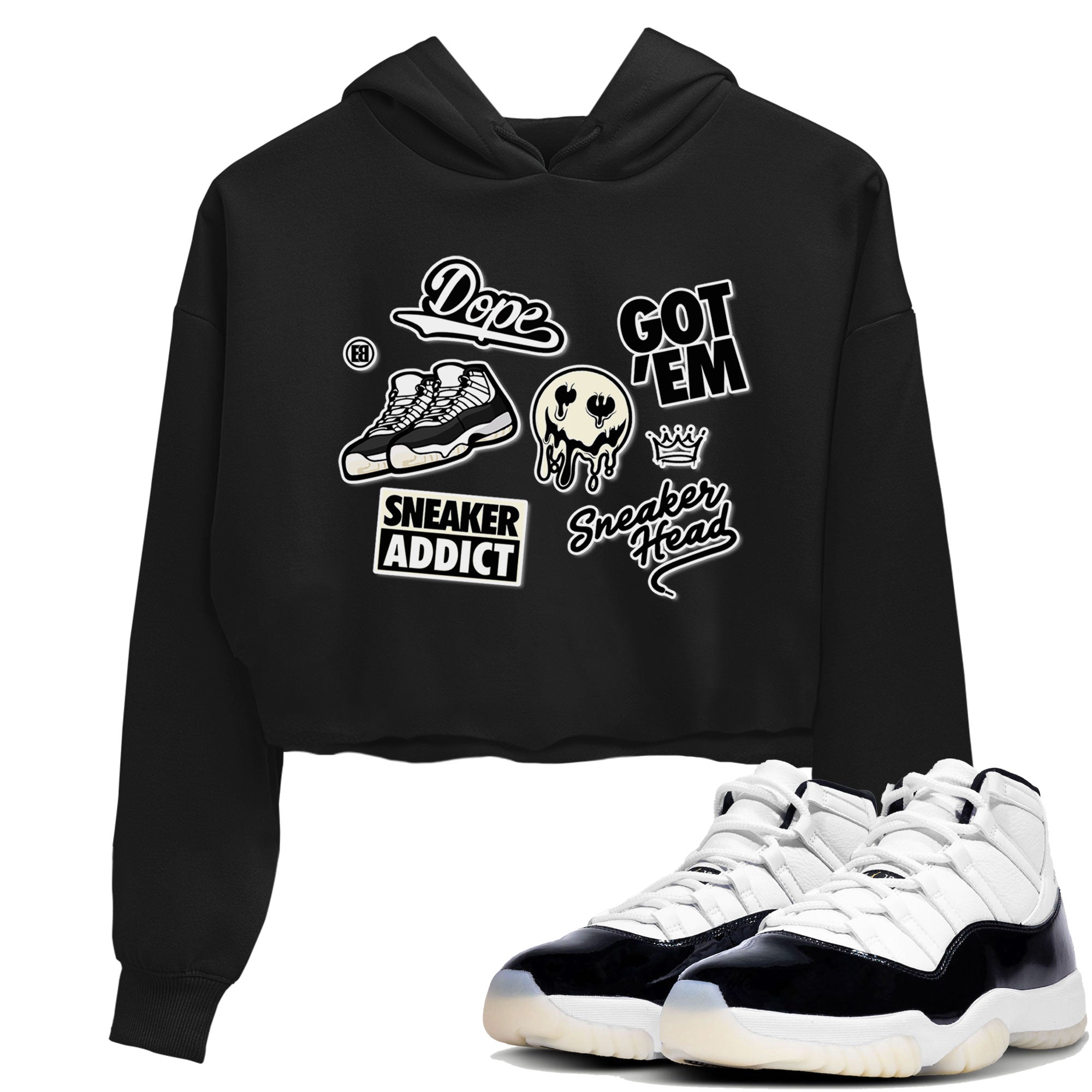 Jordan Rero 11 Gratitude shirt to match jordans Sneakerhead Sticker sneaker matching tees Air Jordan 11 Gratitude Drip Gear Zone Black 1 Crop T-Shirt
