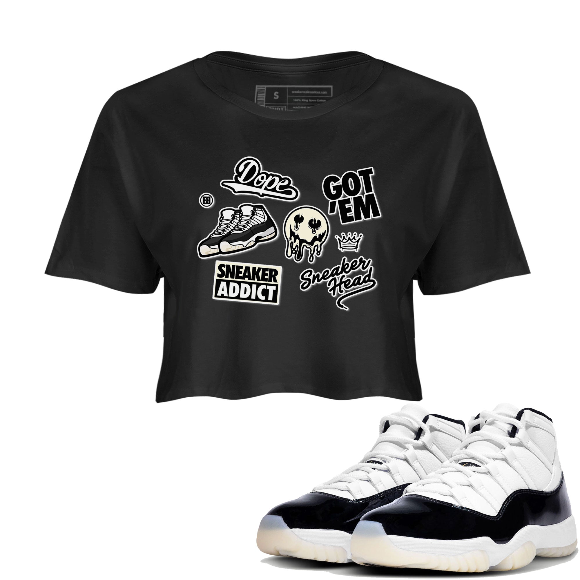 Jordan Rero 11 Gratitude shirt to match jordans Sneakerhead Sticker sneaker matching tees Air Jordan 11 Gratitude Drip Gear Zone Black 1 Crop T-Shirt