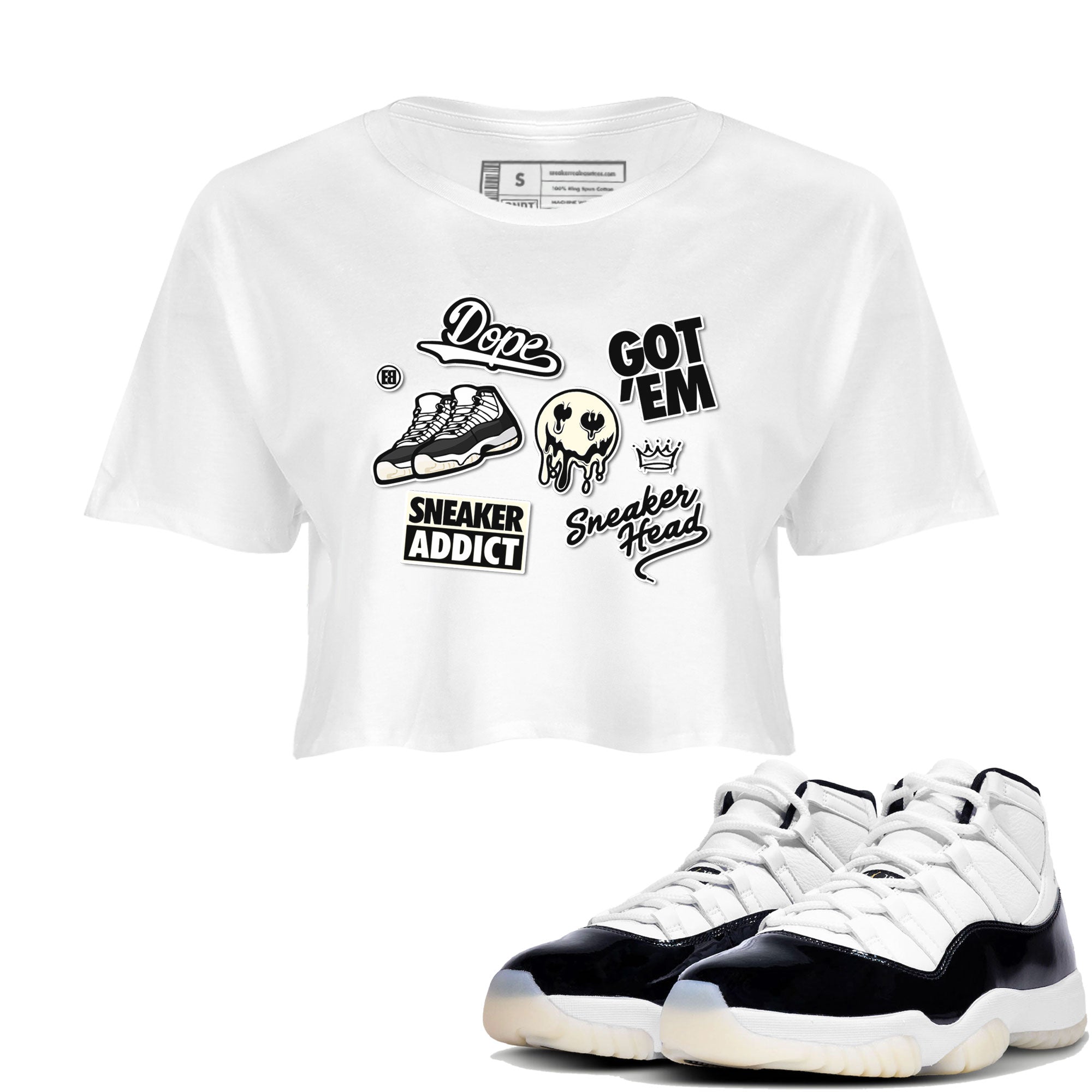 Jordan Rero 11 Gratitude shirt to match jordans Sneakerhead Sticker sneaker matching tees Air Jordan 11 Gratitude Drip Gear Zone White 1 Crop T-Shirt