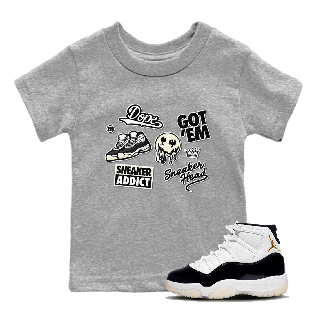 Jordan Rero 11 Gratitude shirt to match jordans Sneakerhead Sticker sneaker matching tees Air Jordan 11 Gratitude Drip Gear Zone Baby Toddler Heather Grey 1 T-Shirt