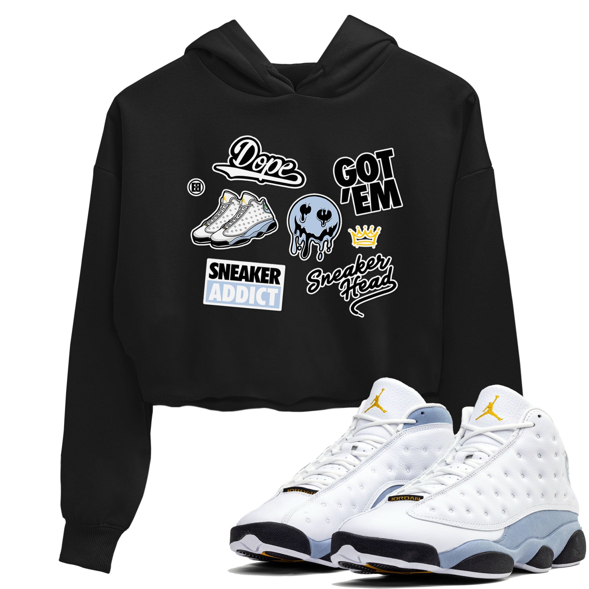 13s Blue Grey shirt to match jordans Sneakerhead Sticker sneaker tees Air Jordan 13 Retro Blue Grey Drip Gear Zone Black 1 crop length shirt