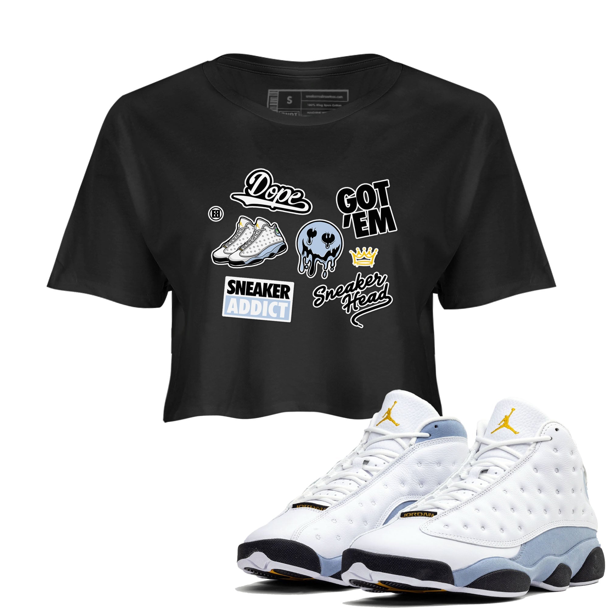 13s Blue Grey shirt to match jordans Sneakerhead Sticker sneaker tees Air Jordan 13 Retro Blue Grey Drip Gear Zone Black 1 crop length shirt