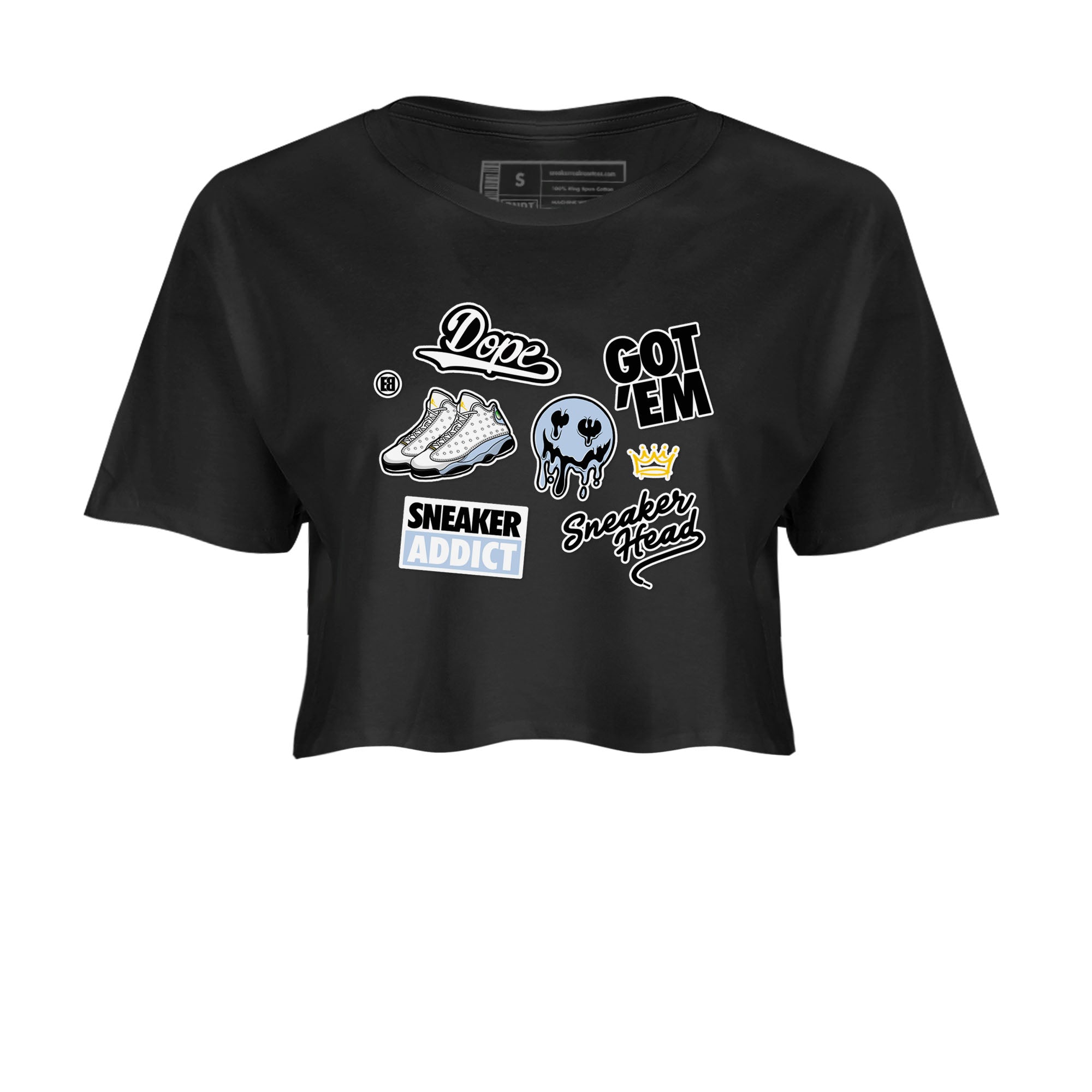 13s Blue Grey shirt to match jordans Sneakerhead Sticker sneaker tees Air Jordan 13 Retro Blue Grey Drip Gear Zone Black 2 crop length shirt